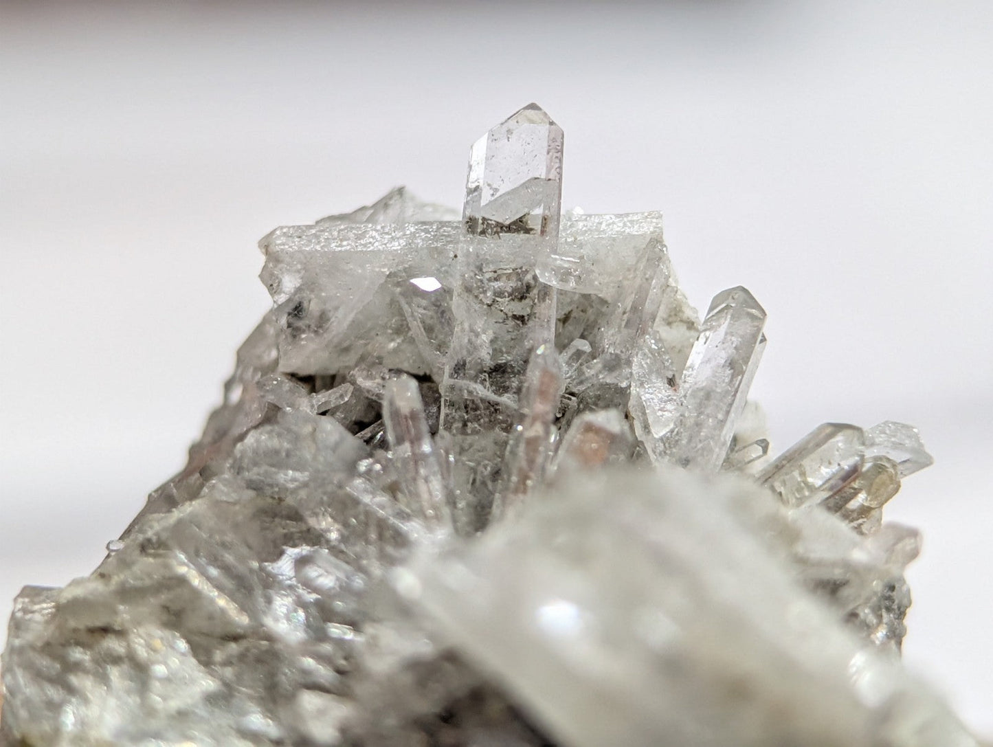 A cluster of clear, transparent quartz crystals with sharp, faceted points emerging from a rougher, grayish base.