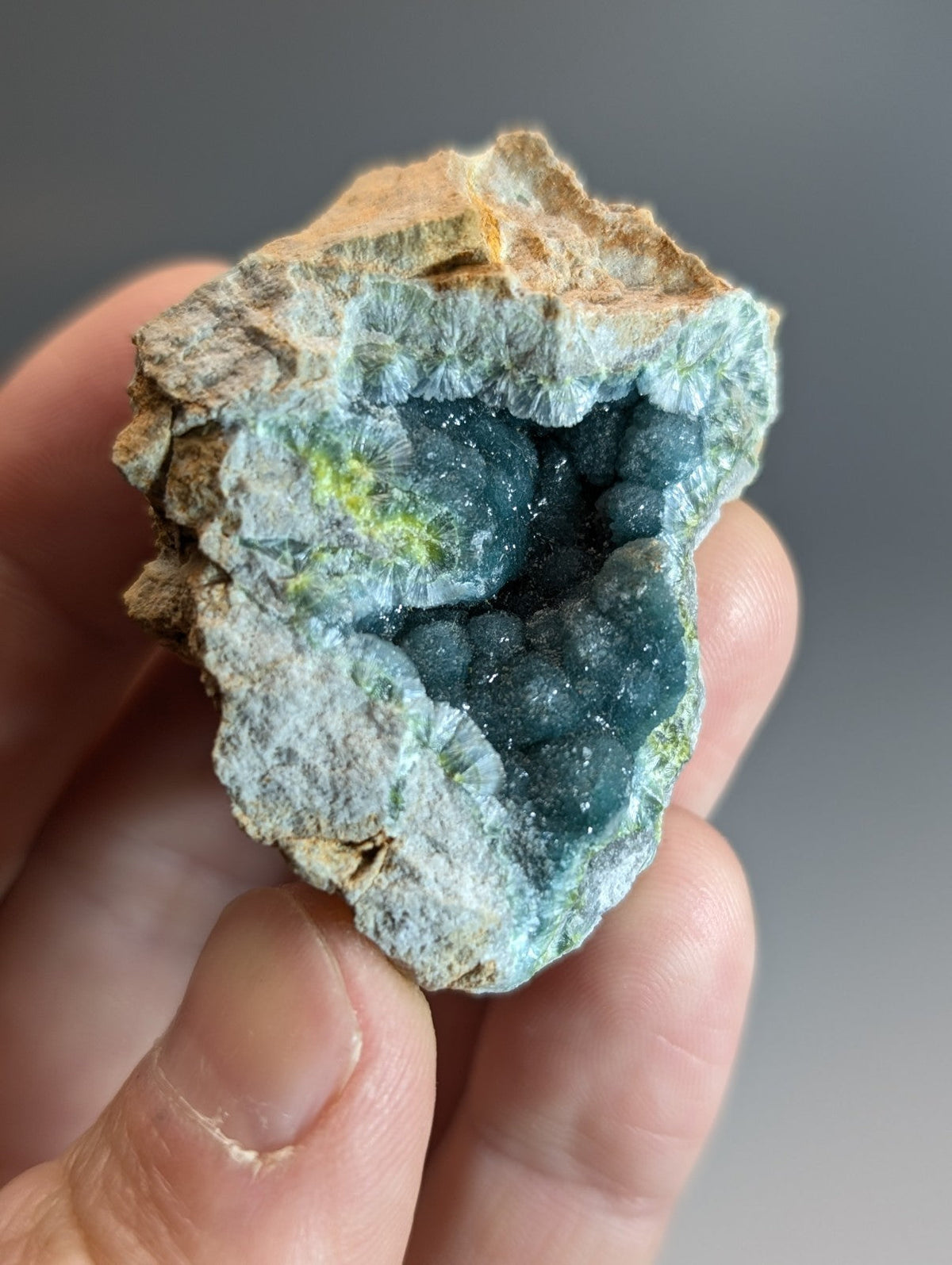 A hand holds a rare blue and green wavellite geode with earthy brown exterior from Delinde Claim Arkansas