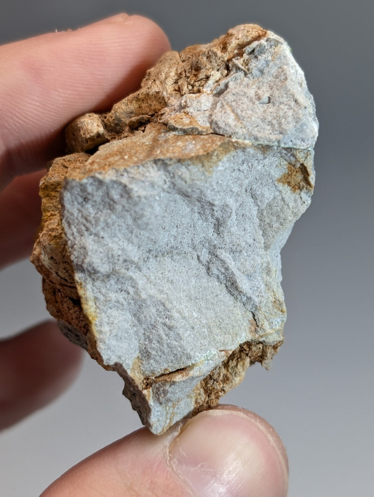 A rare blue and green wavellite rough rock with light gray surface and brownish orange crusty patches from Arkansas