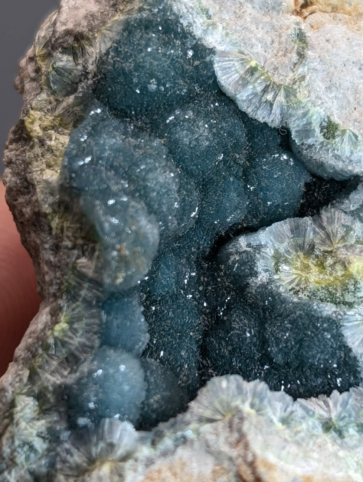 Rare blue and green wavellite with deep teal sparkling druzy crystals in gray and tan rock from Garland County Arkansas