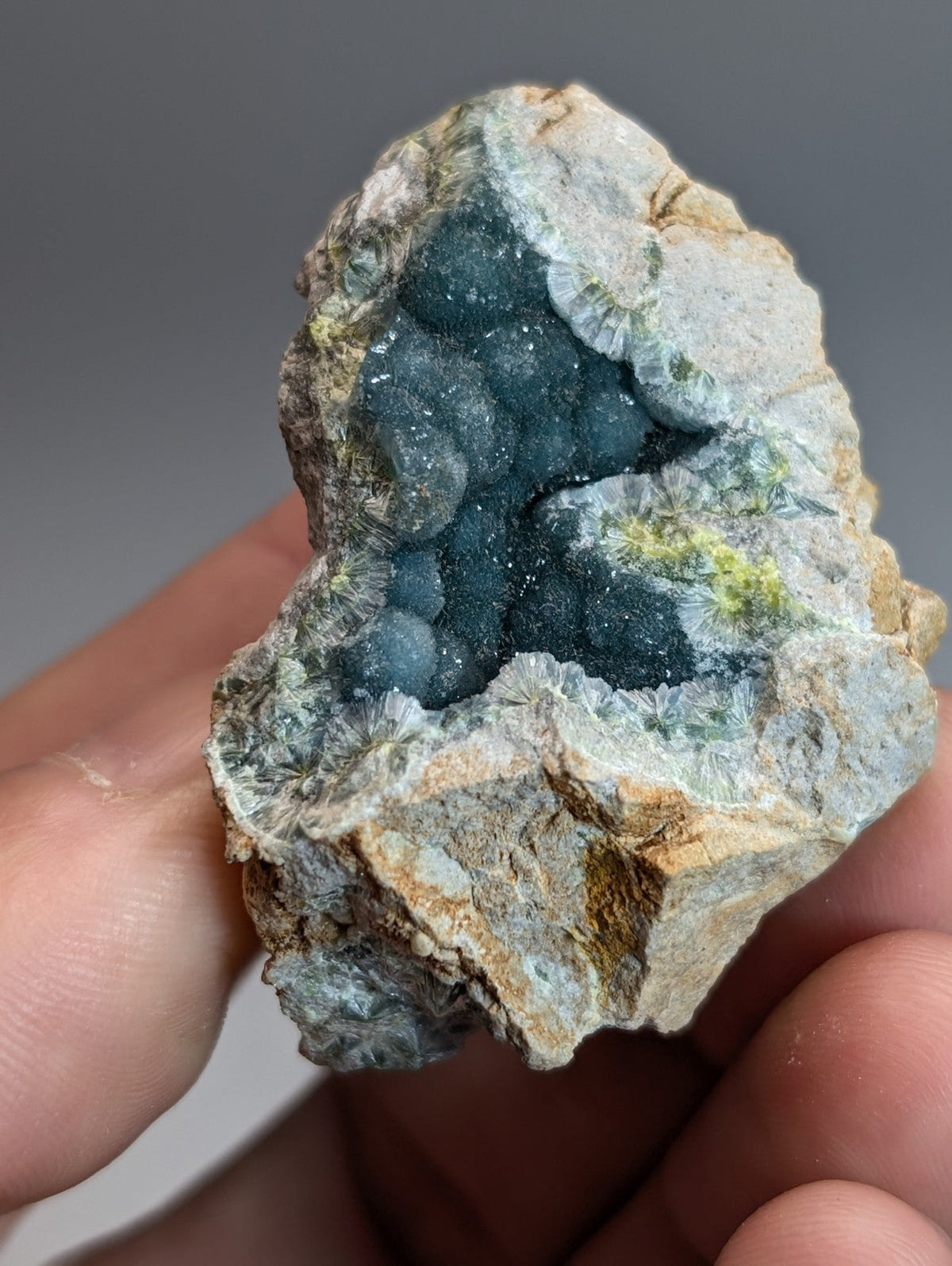 A hand holds a rare blue and green wavellite geode with deep teal-blue crystals from Garland County Arkansas
