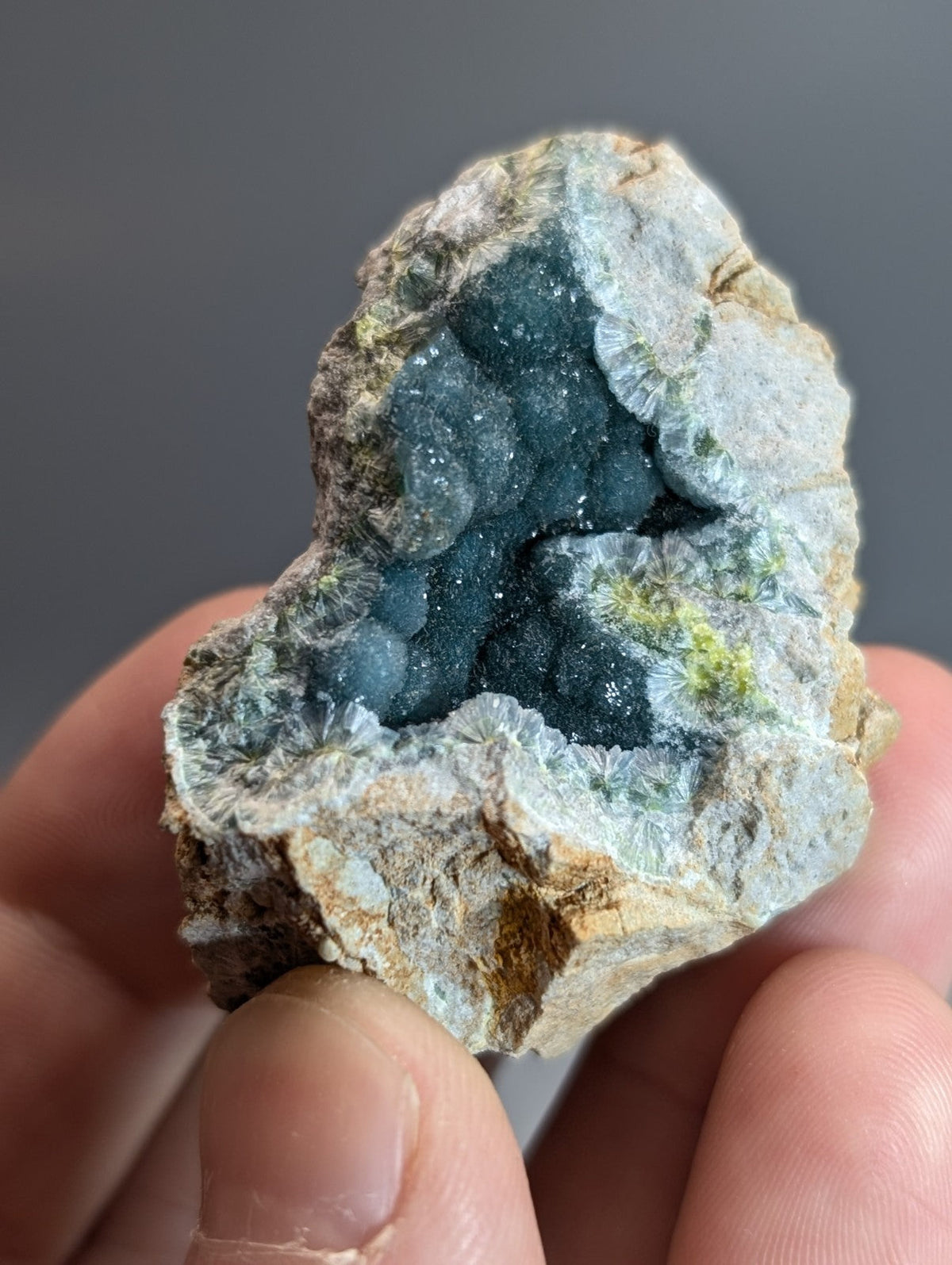A hand holds a rare blue wavellite geode with crystalline formations from Delinde Claim Garland County Arkansas