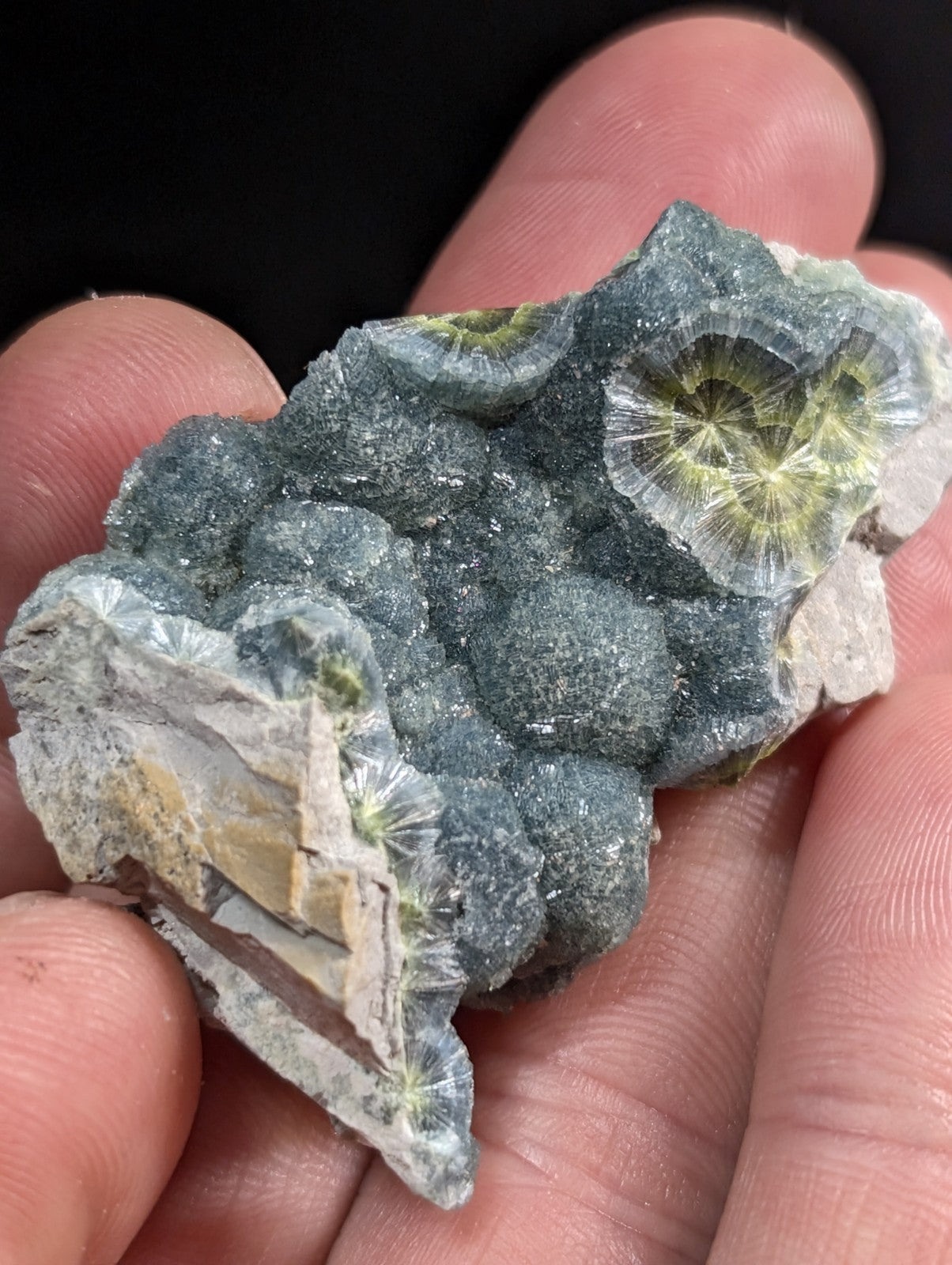 A hand holds a dark gray, textured mineral specimen featuring translucent green and white crystalline formations with radial patterns.