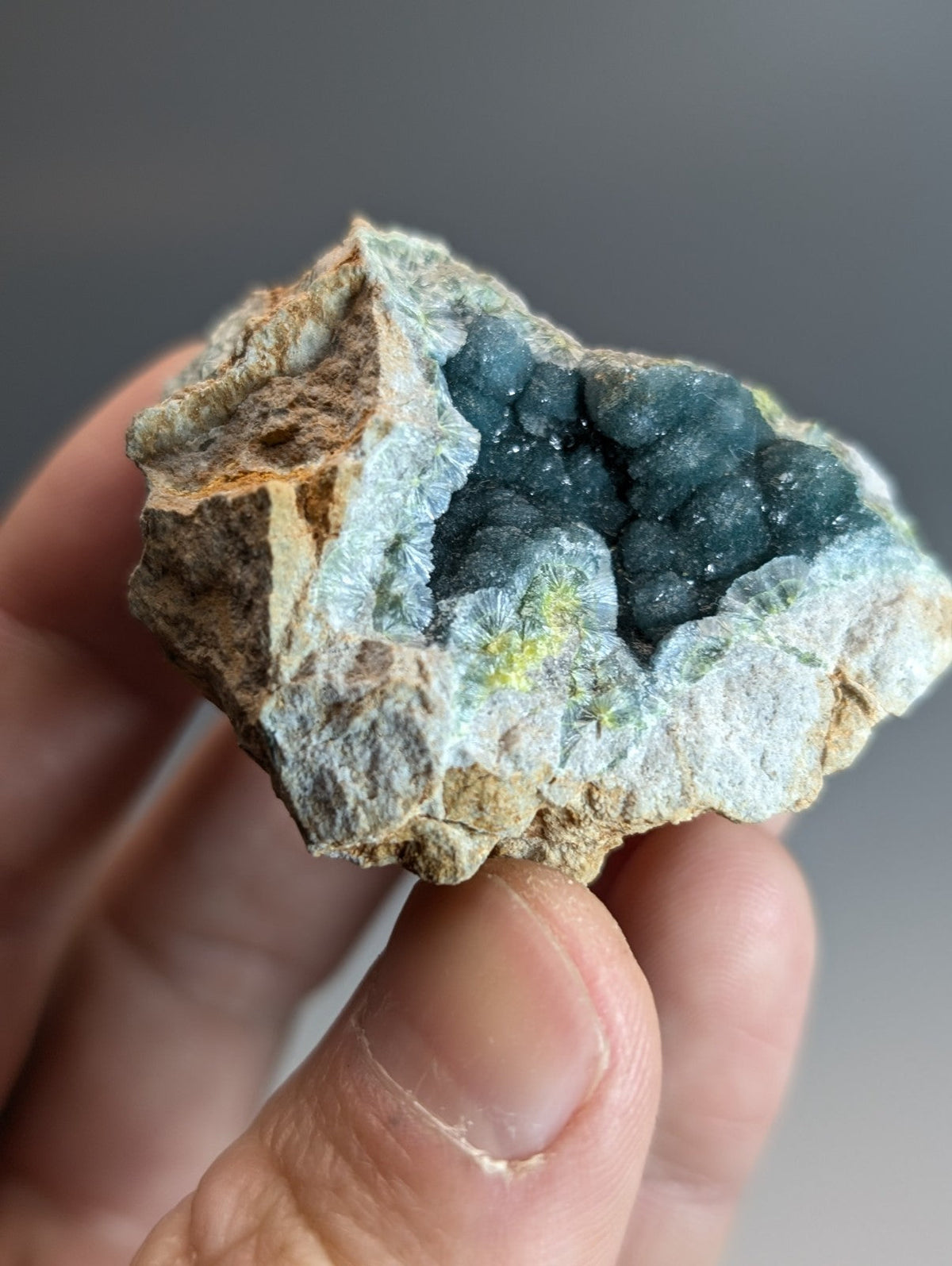 A hand holds a rare blue and green wavellite geode with deep blue crystals from delinde claim Arkansas