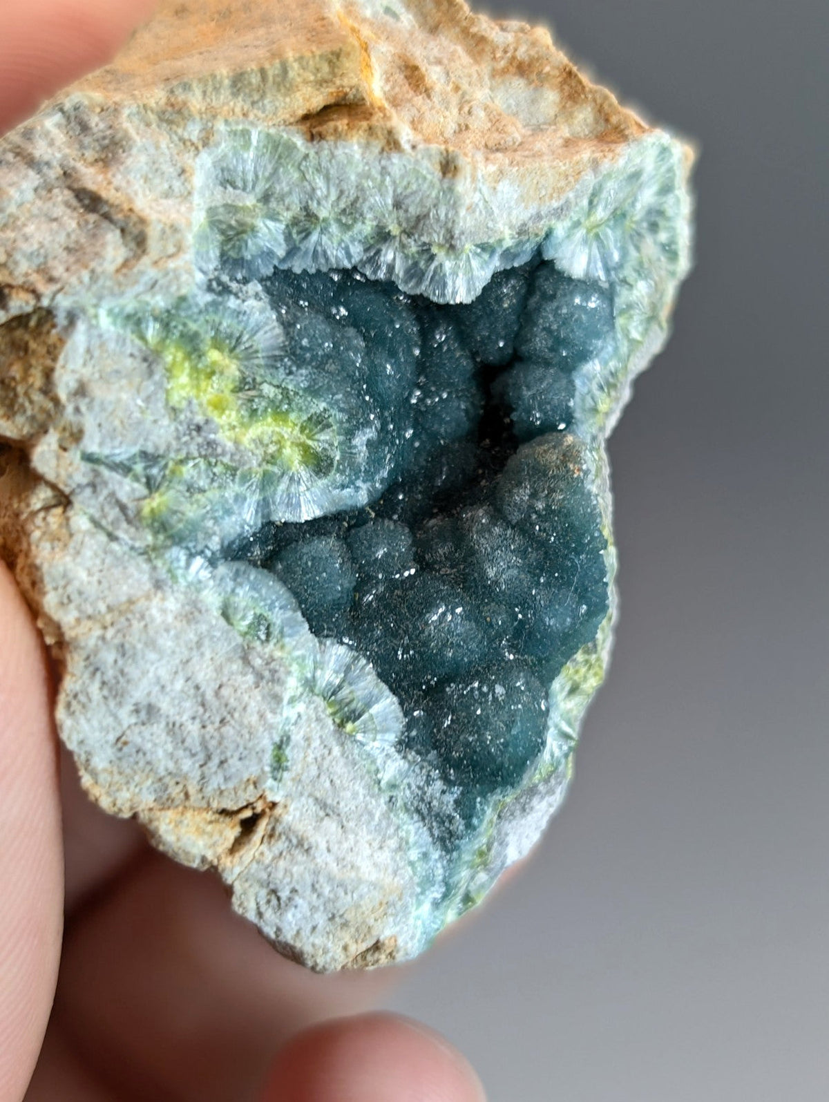 A hand holds a rare blue and green wavellite geode with deep teal crystalline formations from Garland County Arkansas