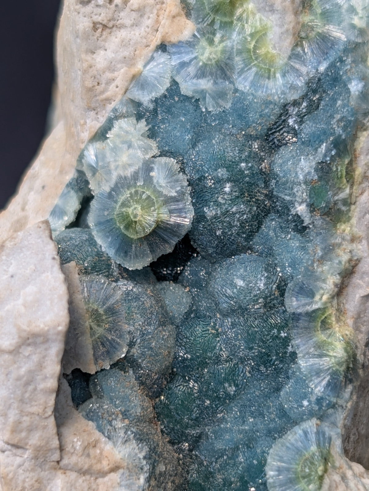 A translucent blue-green mineral specimen featuring intricate, fan-like crystalline formations with a central greenish core.
