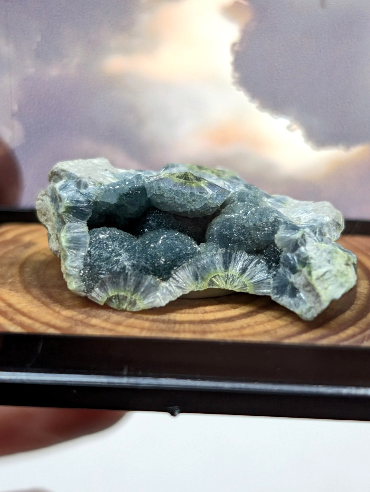 A striking green and translucent geode with a crystalline, fan-like interior structure.