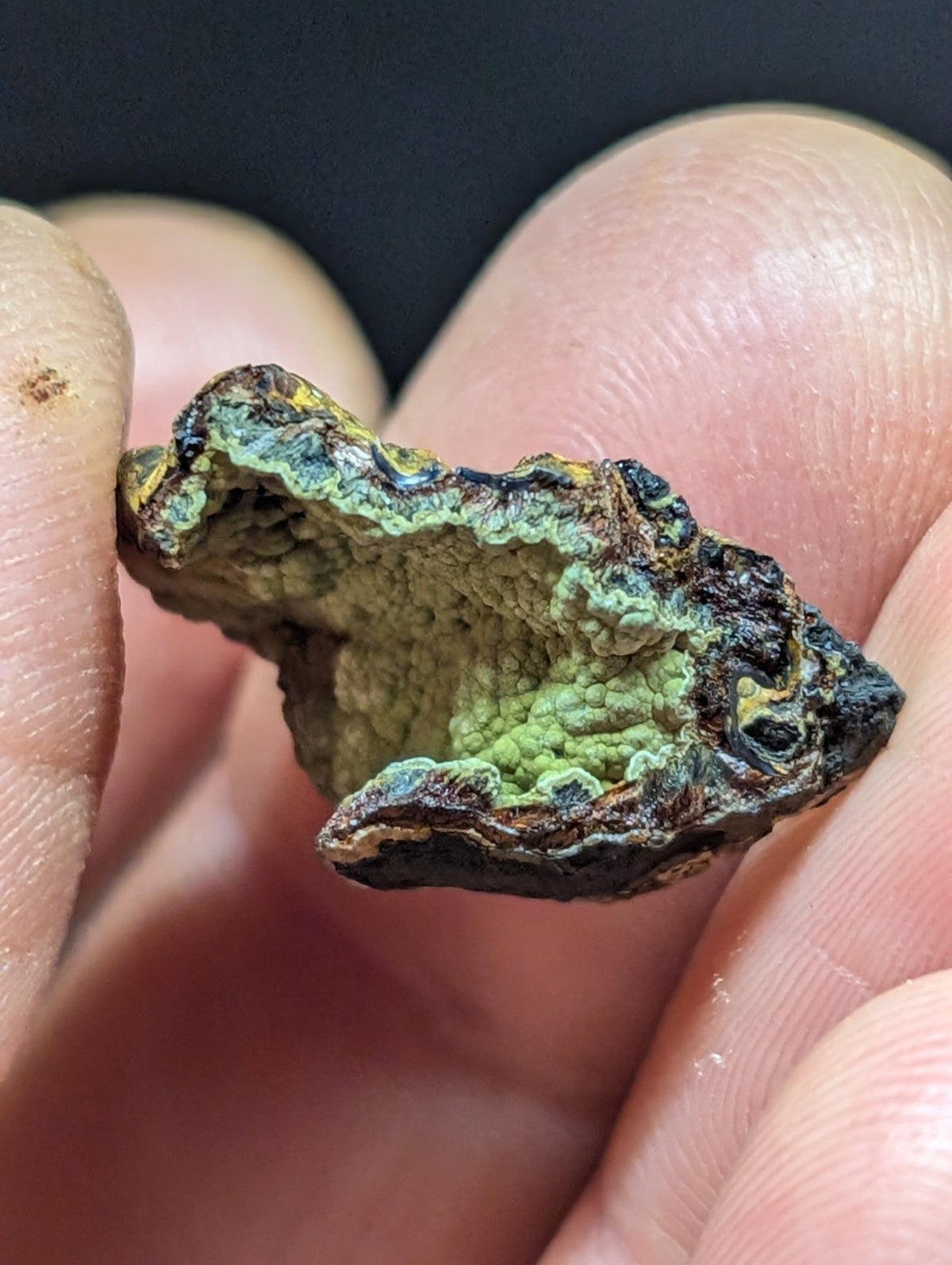 A rugged, irregularly shaped mineral specimen with a textured surface displaying patches of vibrant green and dark brown.