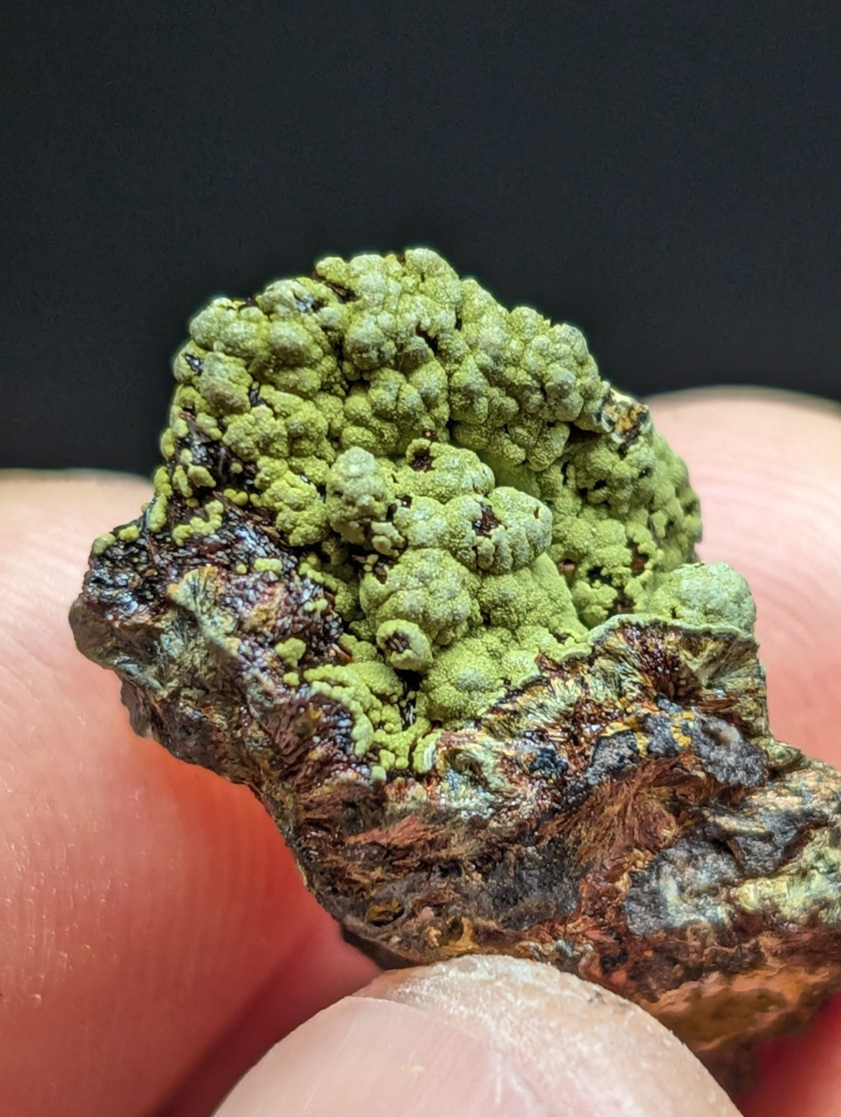 A vibrant green, textured mineral specimen with a rough, earthy base.