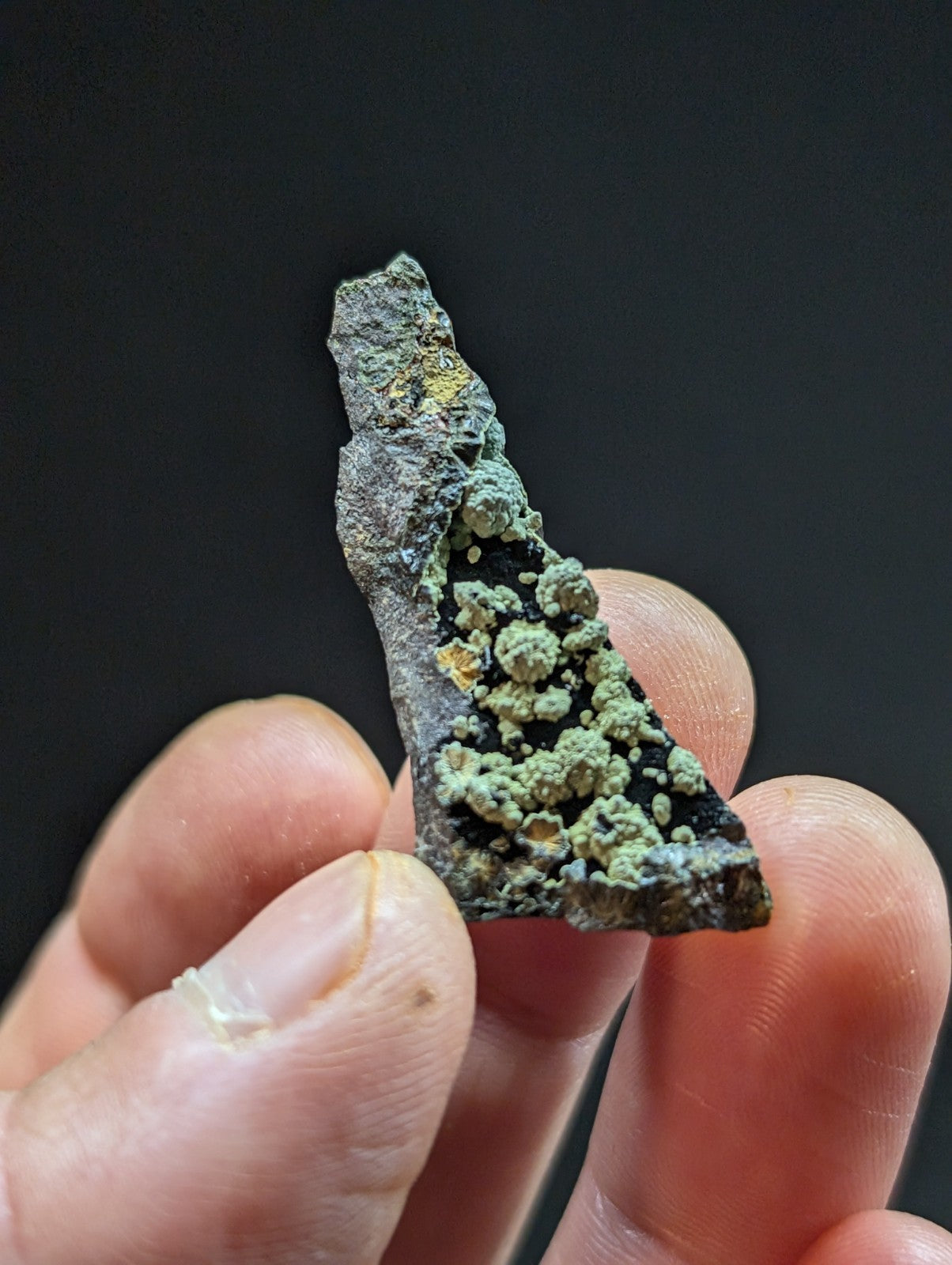 A weathered, irregularly shaped mineral specimen with a dark gray base and patches of greenish-blue lichen-like growths.