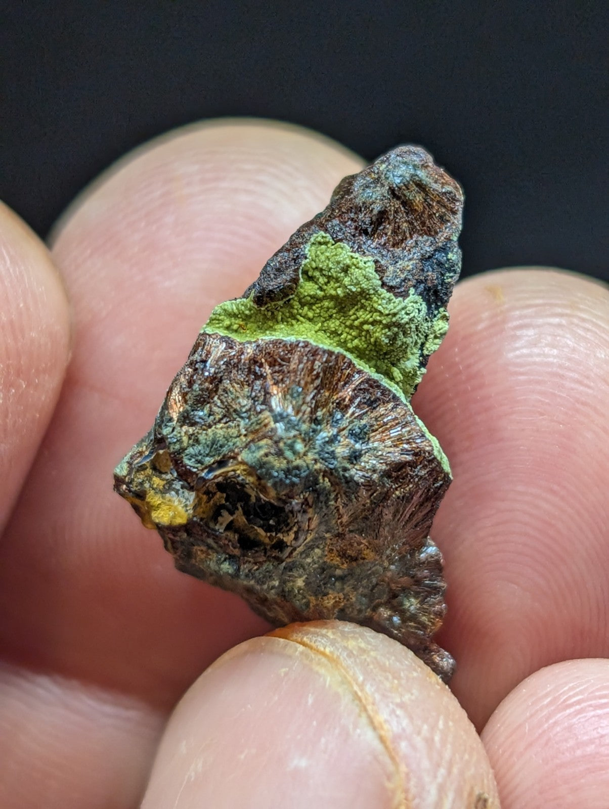 A weathered, irregularly shaped mineral specimen with patches of vibrant green patina and dark brown rust-like discoloration.