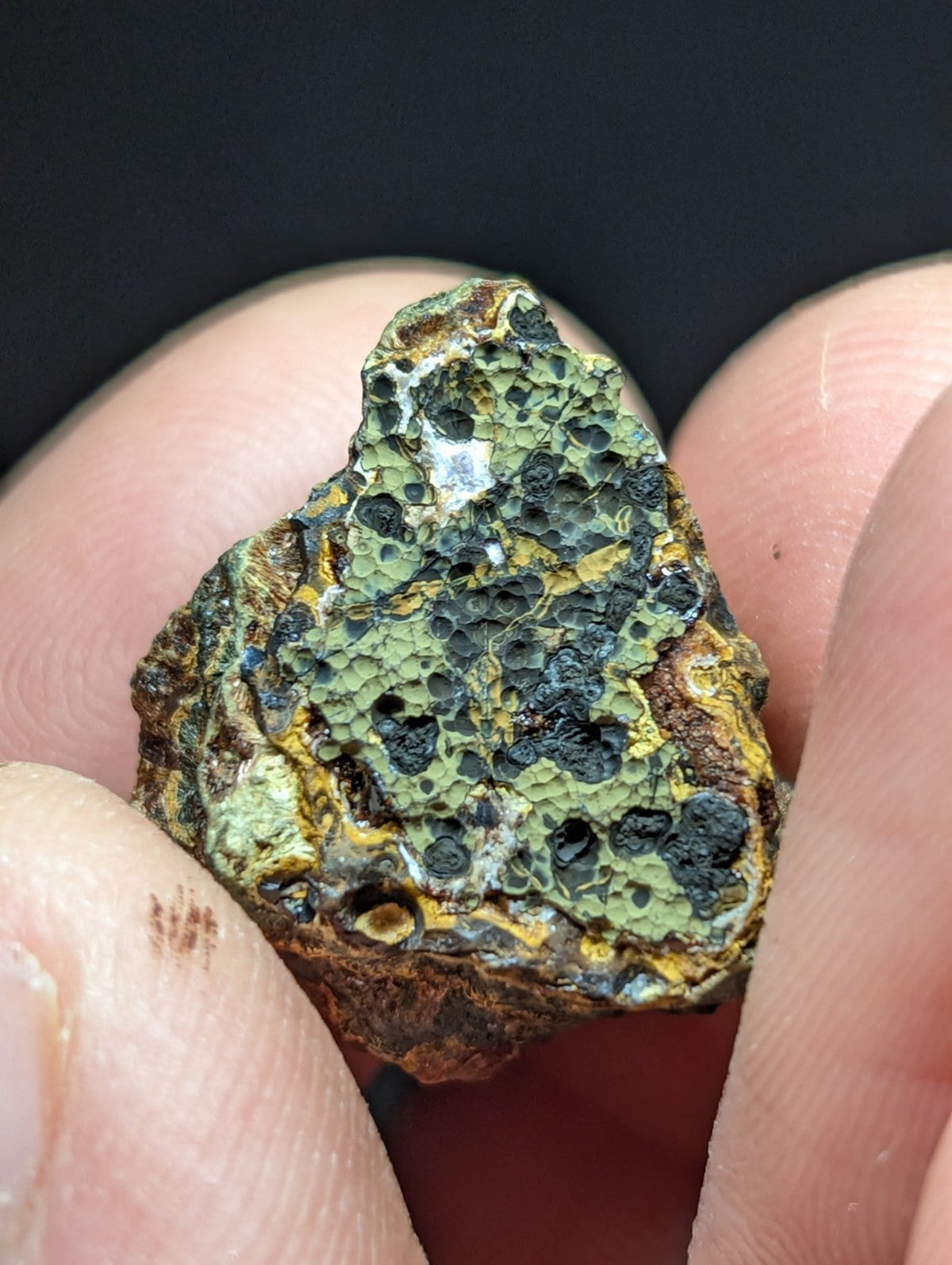 A rugged, irregularly shaped rock with a textured surface featuring patches of greenish-yellow and dark black spots.