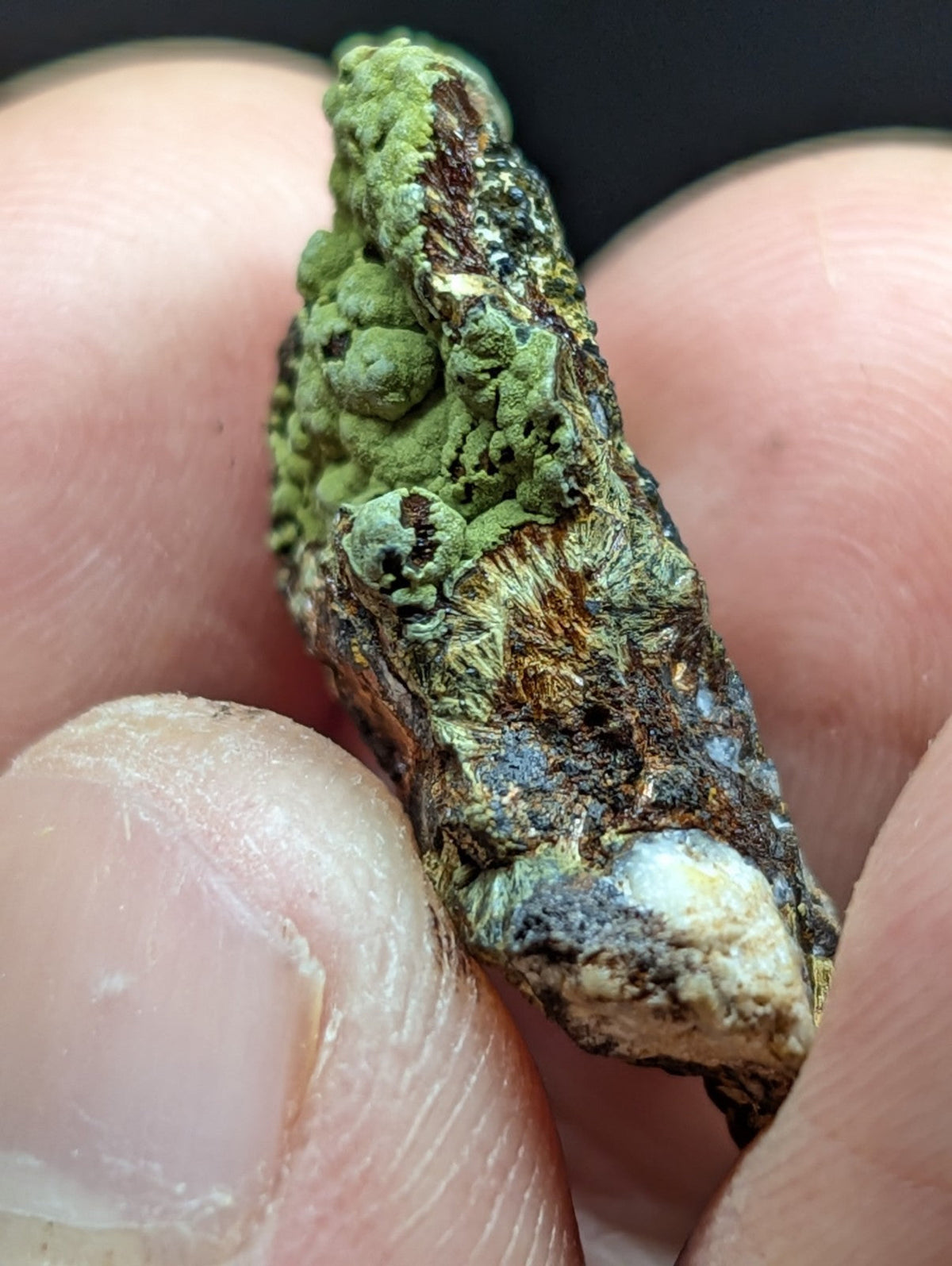 A rugged, irregularly shaped mineral specimen with vibrant green lichen-like growths over a textured surface of brown and gray rock.