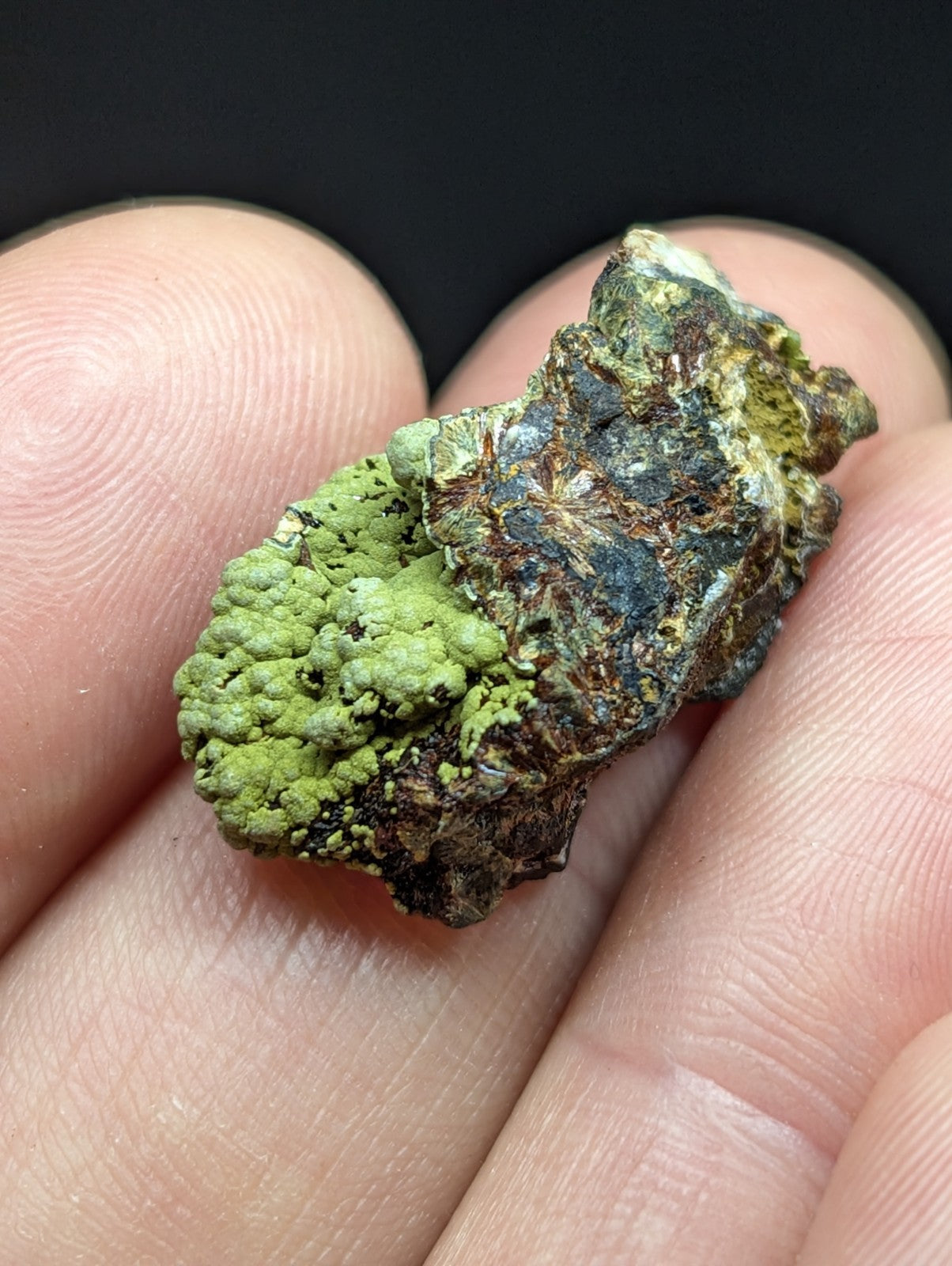 A rough, irregularly shaped mineral specimen with vibrant green lichen-like growths covering a darker, textured base.