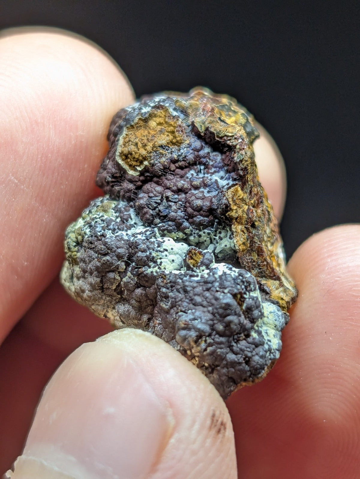 A rugged, multi-toned mineral specimen with a textured surface featuring patches of dark gray, deep purple, and earthy yellow-green.