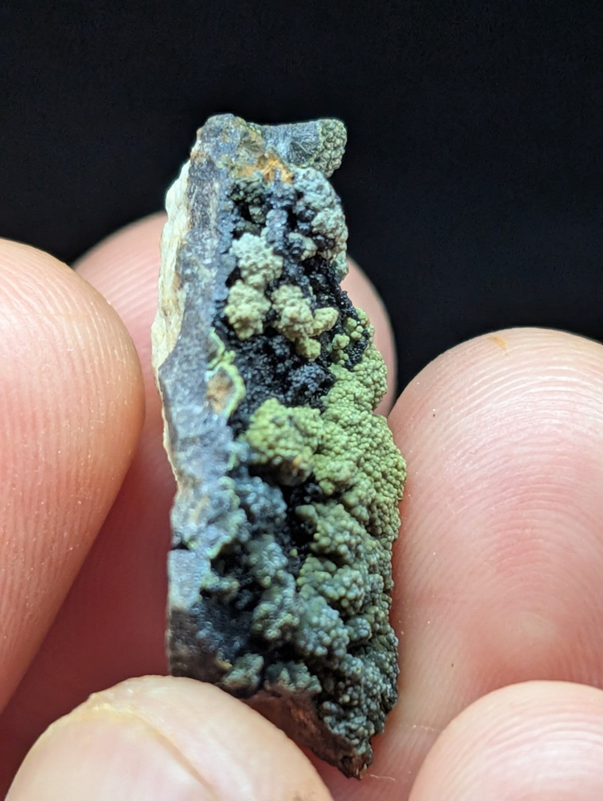 A textured, irregularly shaped mineral specimen with a dark gray base and vibrant green crystalline growths.