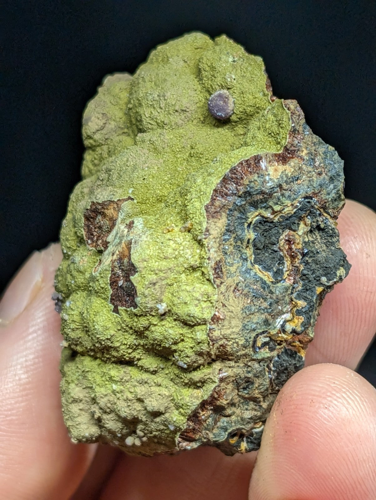 A mossy green and dark mineral specimen with a rough, textured surface.