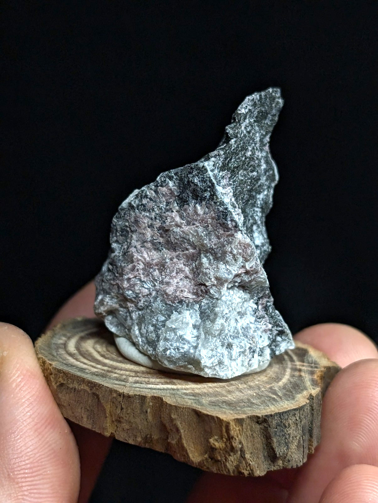 A rugged, irregularly shaped mineral specimen with a mottled gray and white surface rests on a circular wooden slice.