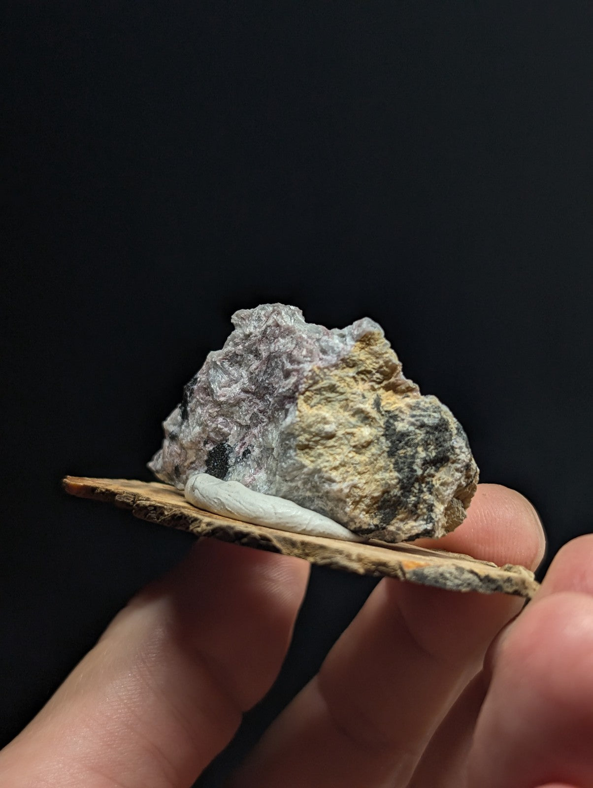 A textured, multi-toned rock with patches of gray and yellowish-brown resting on a flat piece of wood.