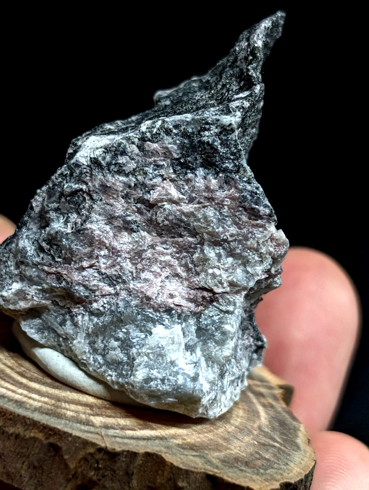 A rugged, irregularly shaped stone with a mottled gray and white surface, showcasing natural mineral textures.