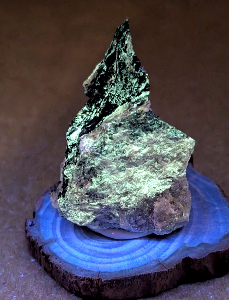 A striking green and black mineral specimen with a rough, jagged surface sits atop a circular blue-lit wooden slice.