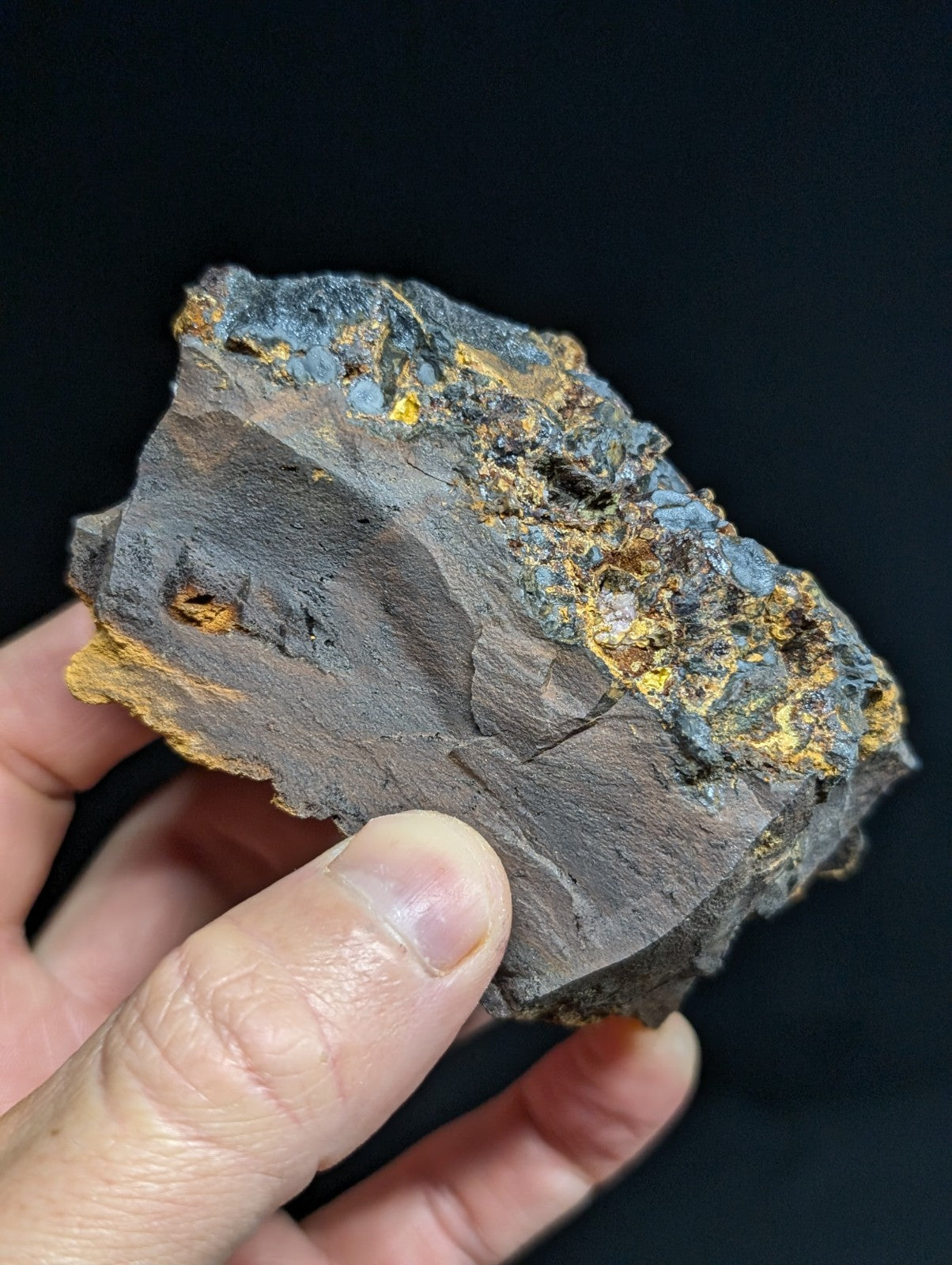 A rugged, dark gray rock specimen with patches of vibrant golden-yellow mineral deposits and subtle blueish hues.