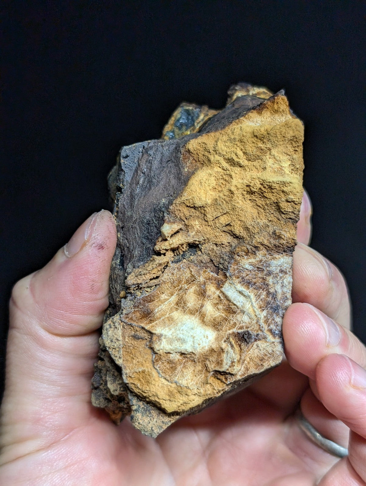 A rugged, irregularly shaped mineral specimen with a textured surface displaying patches of earthy brown and dark gray.