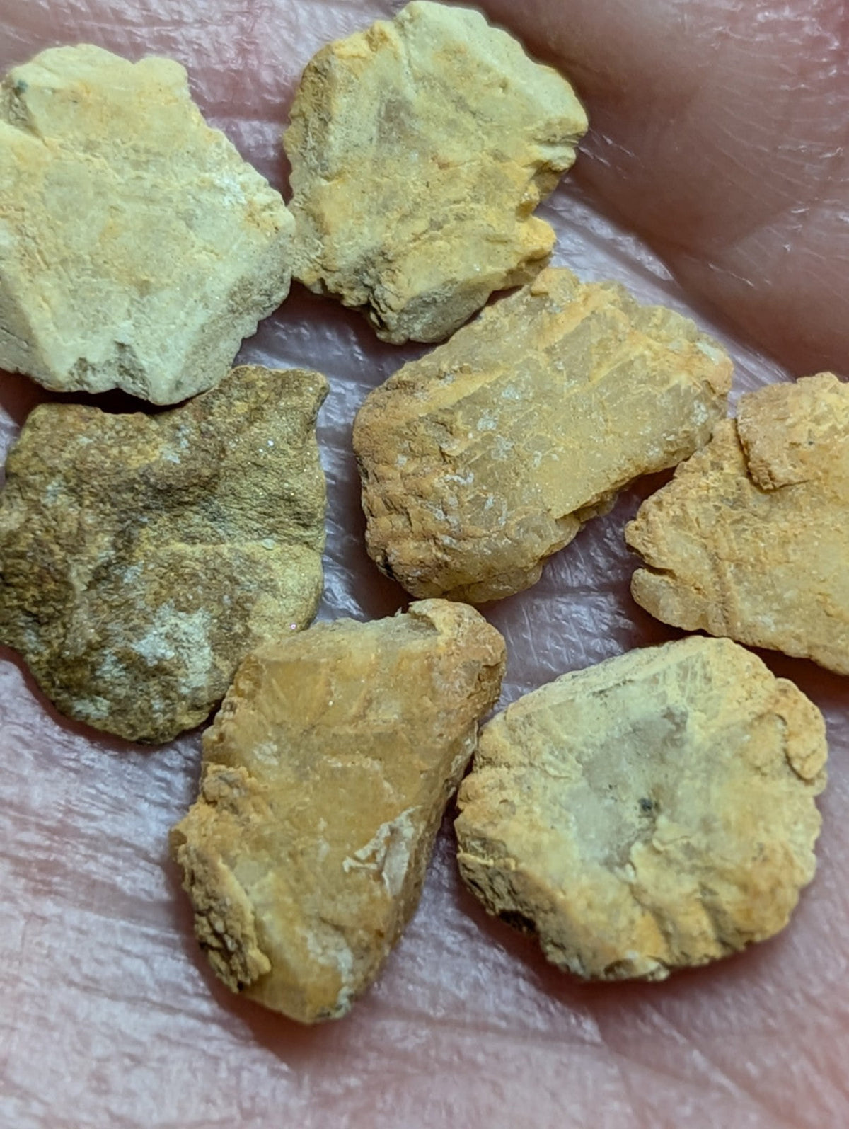 Yellowish, irregularly shaped mineral fragments with rough textures and earthy tones.