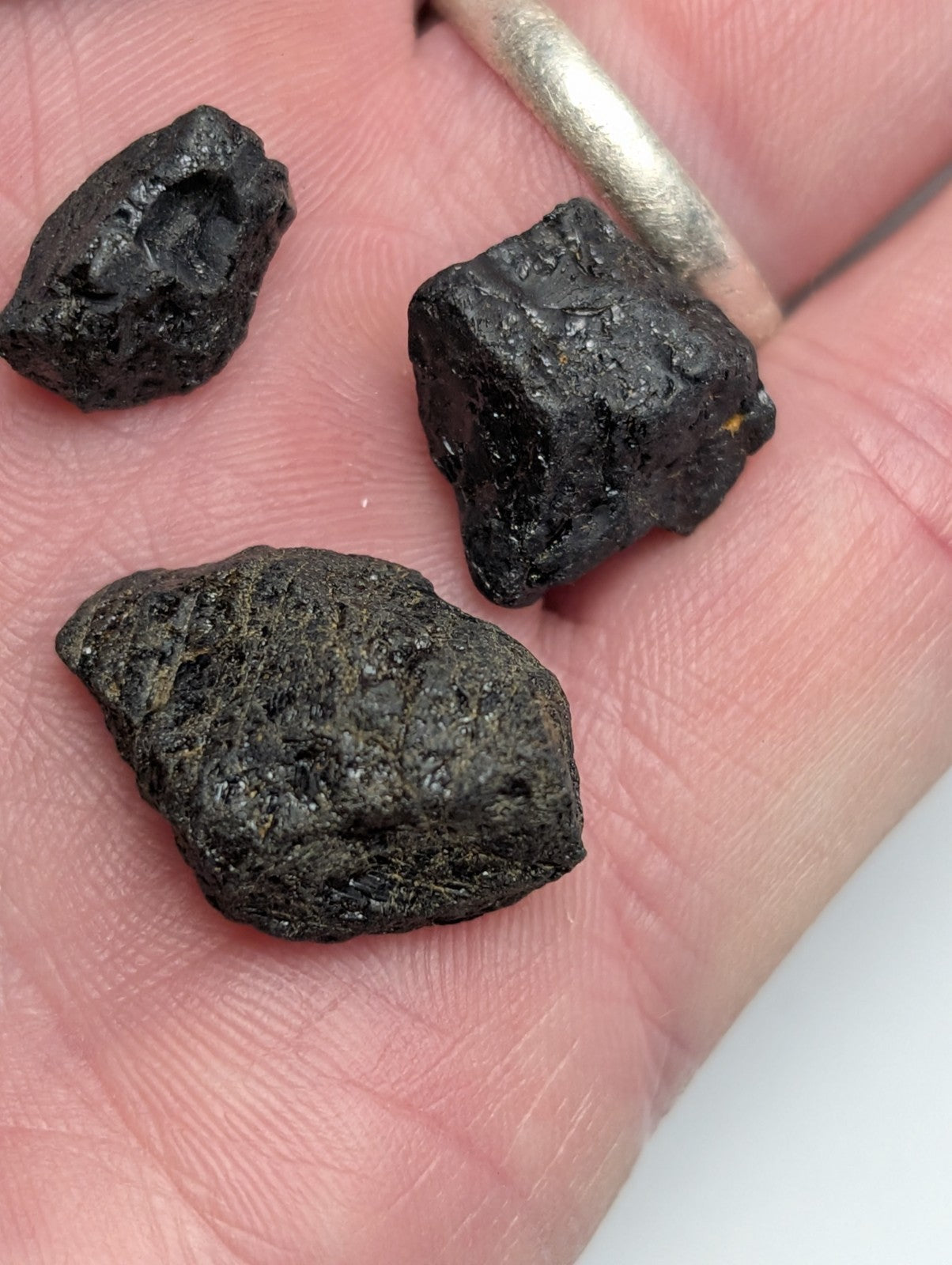 Three irregular black titanium-bearing garnet meteorite fragments with rough surfaces from magnet cove arkansas in hand