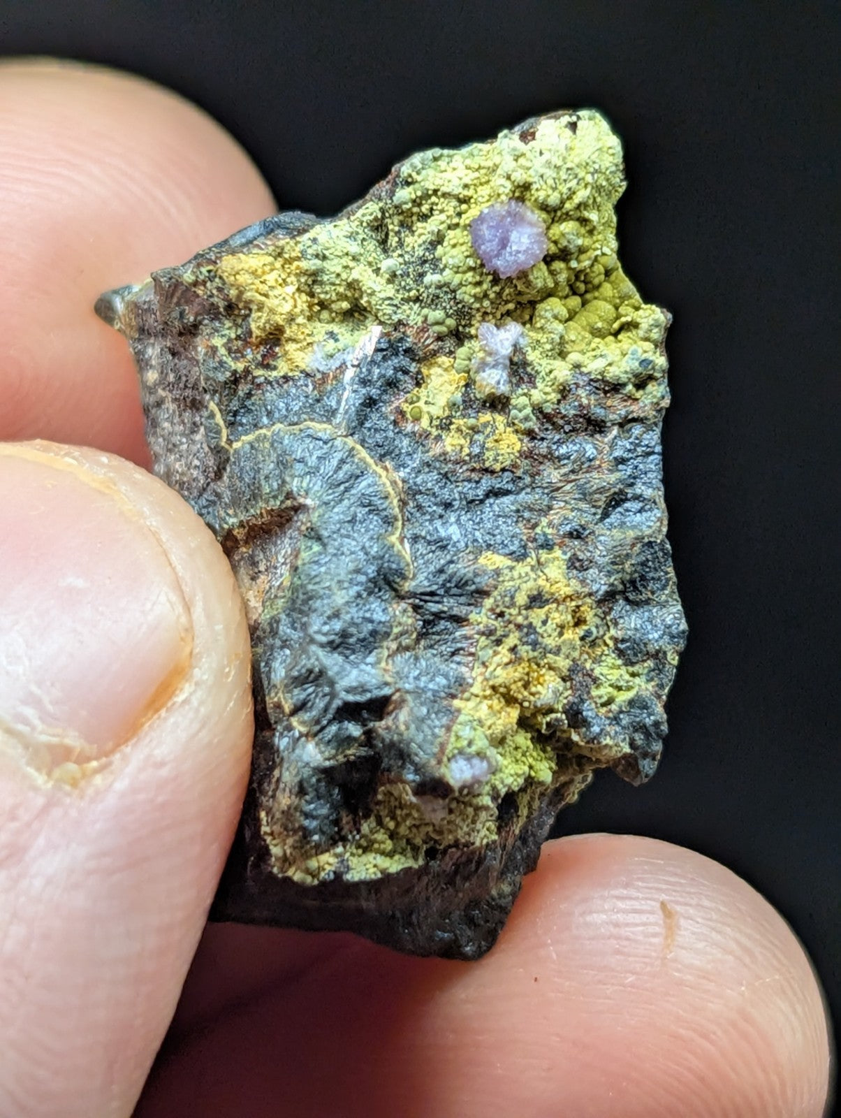 A rough, irregularly shaped mineral specimen featuring a dark gray base with vibrant yellow-green patina and a small embedded purple gemstone.