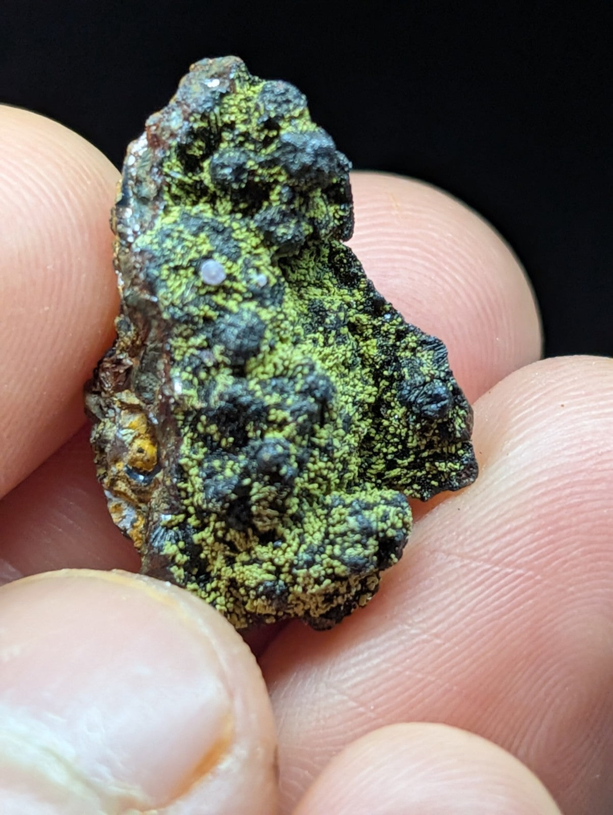 A rough, irregularly shaped mineral specimen with a textured surface covered in patches of vibrant green and dark black material.
