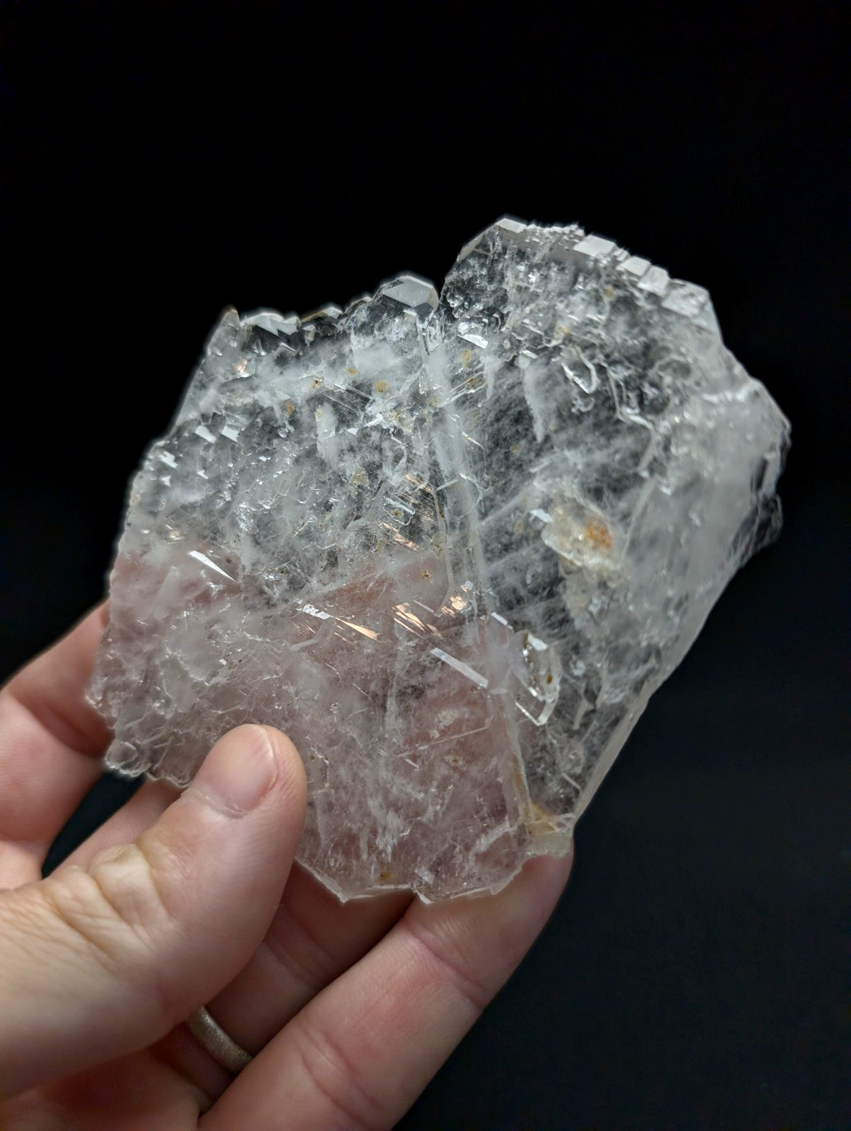 A translucent rare faden sheet quartz crystal cluster with sharp facets and glassy appearance from Arkansas usa