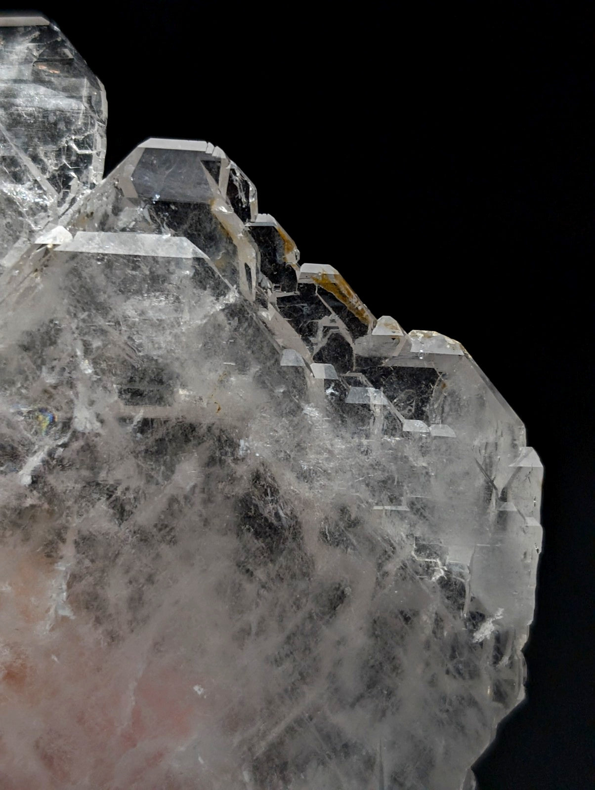 Rare and unique faden sheet quartz crystal cluster with sharp geometric facets and internal web-like inclusions