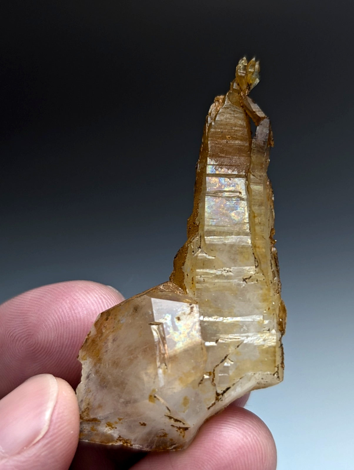 Rare and unique translucent golden-yellow quartz crystal with layered prism facets and jagged edges from Arkansas usa