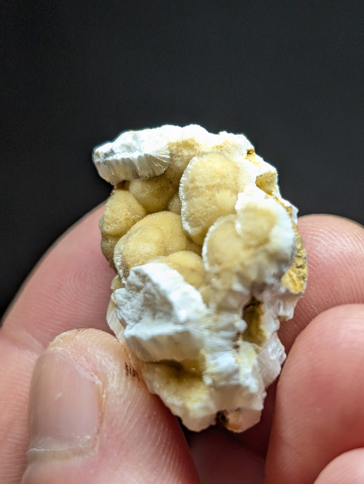 A cluster of pale yellow and white mineral formations with a rough, textured surface held between fingers.
