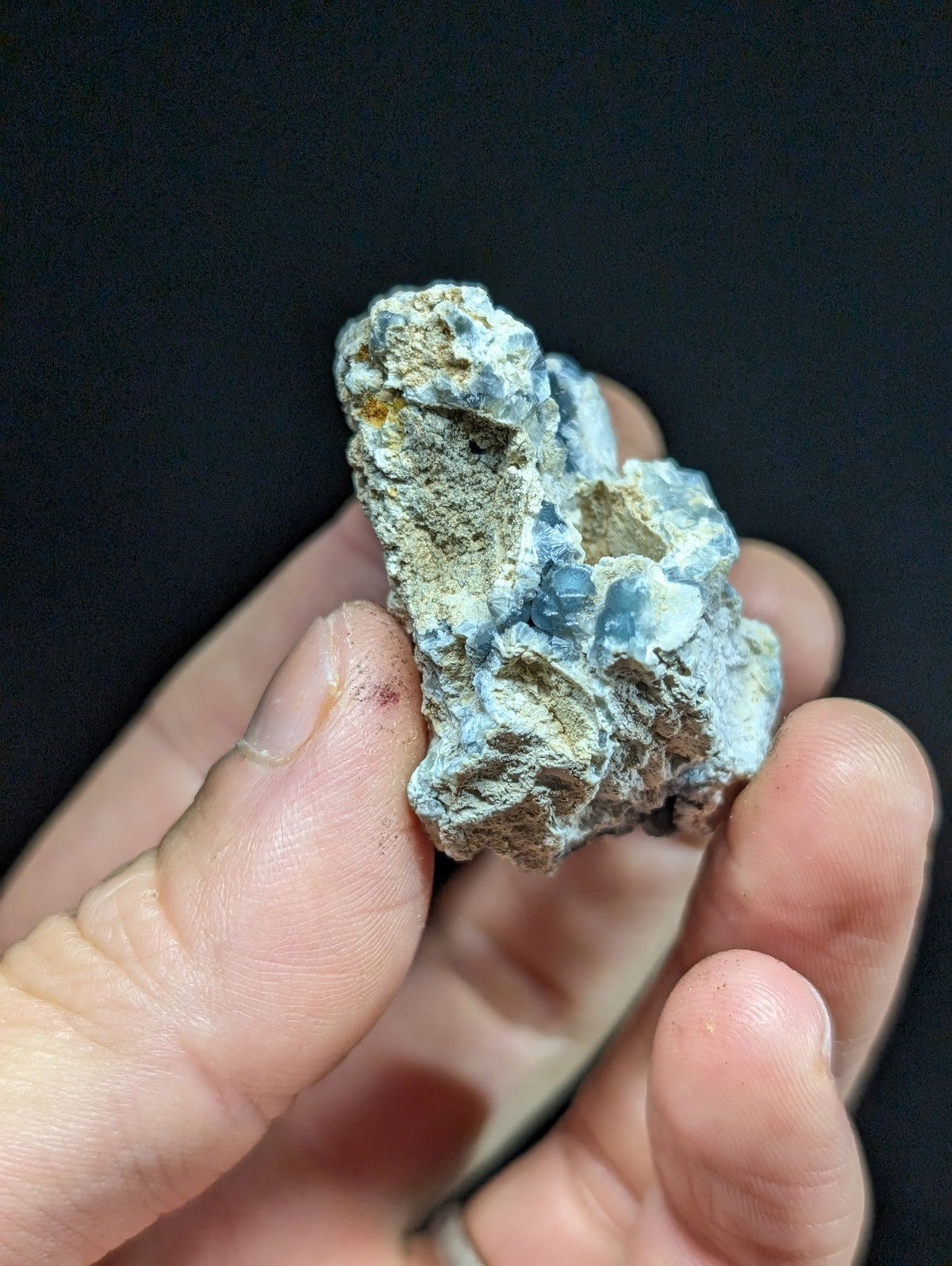 A hand holds a rough, irregularly shaped mineral specimen featuring clusters of translucent blue crystals embedded in a matrix of light gray and brownish rock.