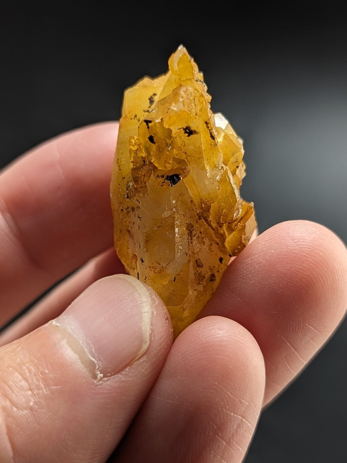 A translucent golden-yellow crystal cluster with sharp, jagged edges and embedded dark inclusions.