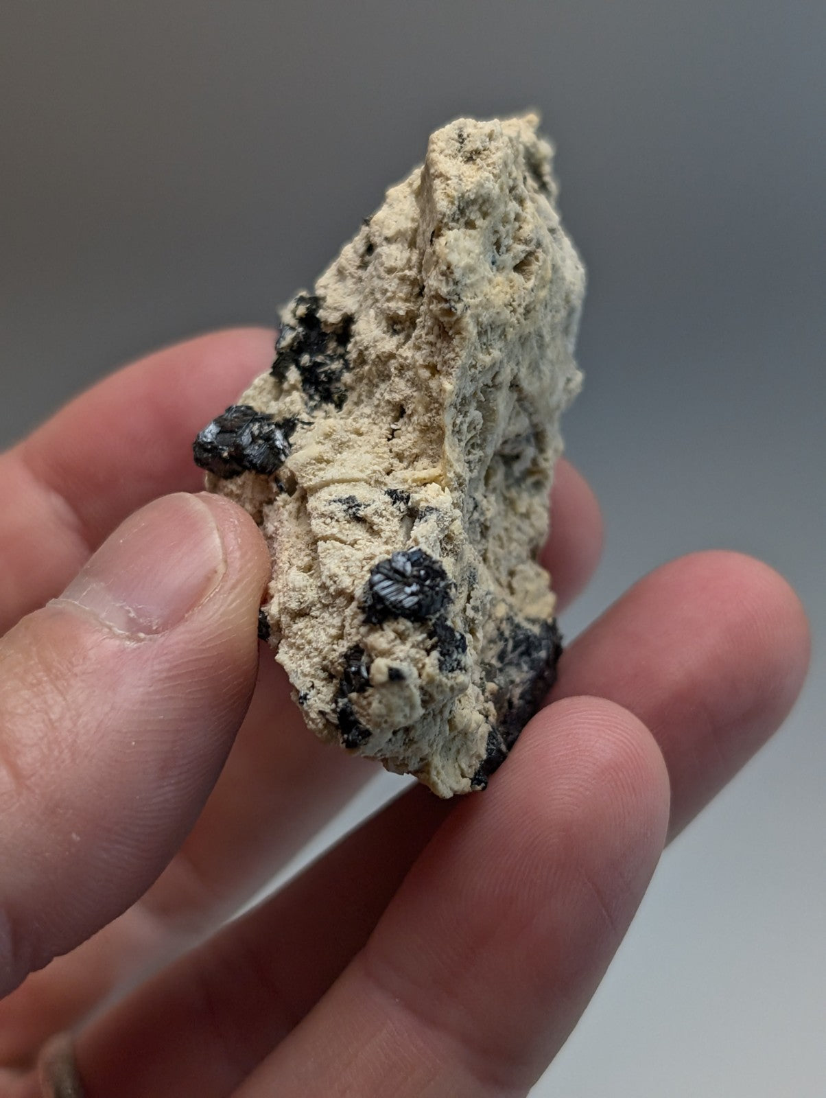 Rutile in matrix cluster from magnet cove arkansas with rough light beige mineral and dark black inclusions