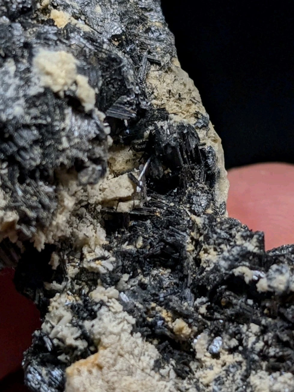 A rugged black and beige mineral specimen featuring sharp, crystalline formations embedded in a rough-textured matrix.