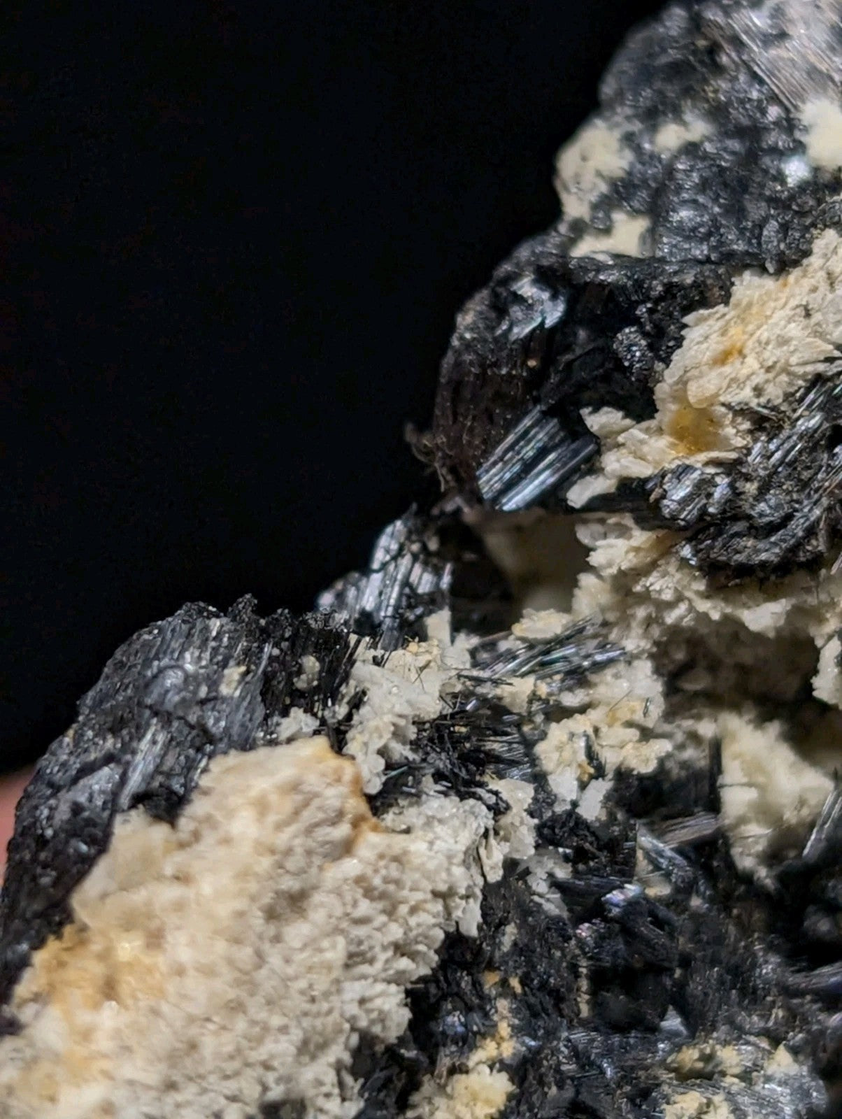 A striking black and cream mineral specimen featuring sharp, crystalline formations with a rough-textured matrix.