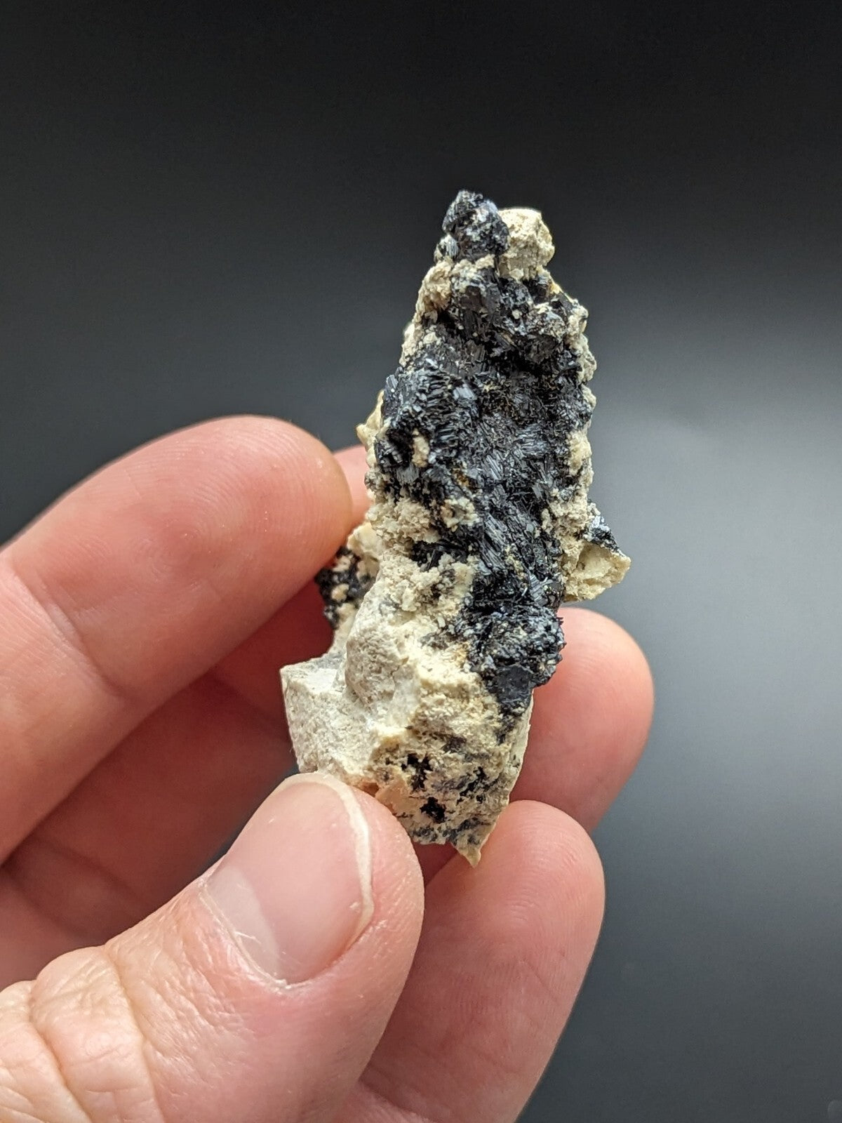 A hand holds a rough, irregularly shaped mineral specimen featuring patches of dark black and light beige material with visible crystalline textures.