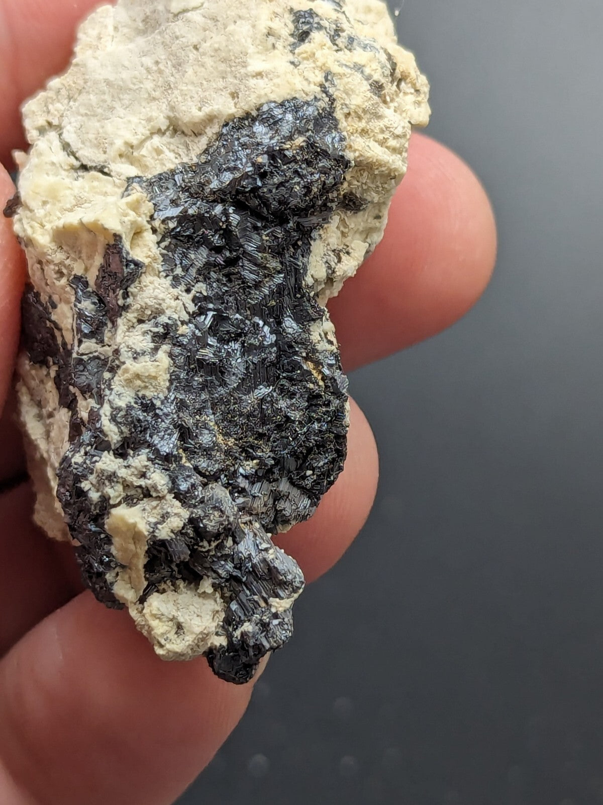 A rough, irregularly shaped mineral specimen featuring a striking contrast between dark, metallic-looking black crystals and lighter, creamy white matrix material.