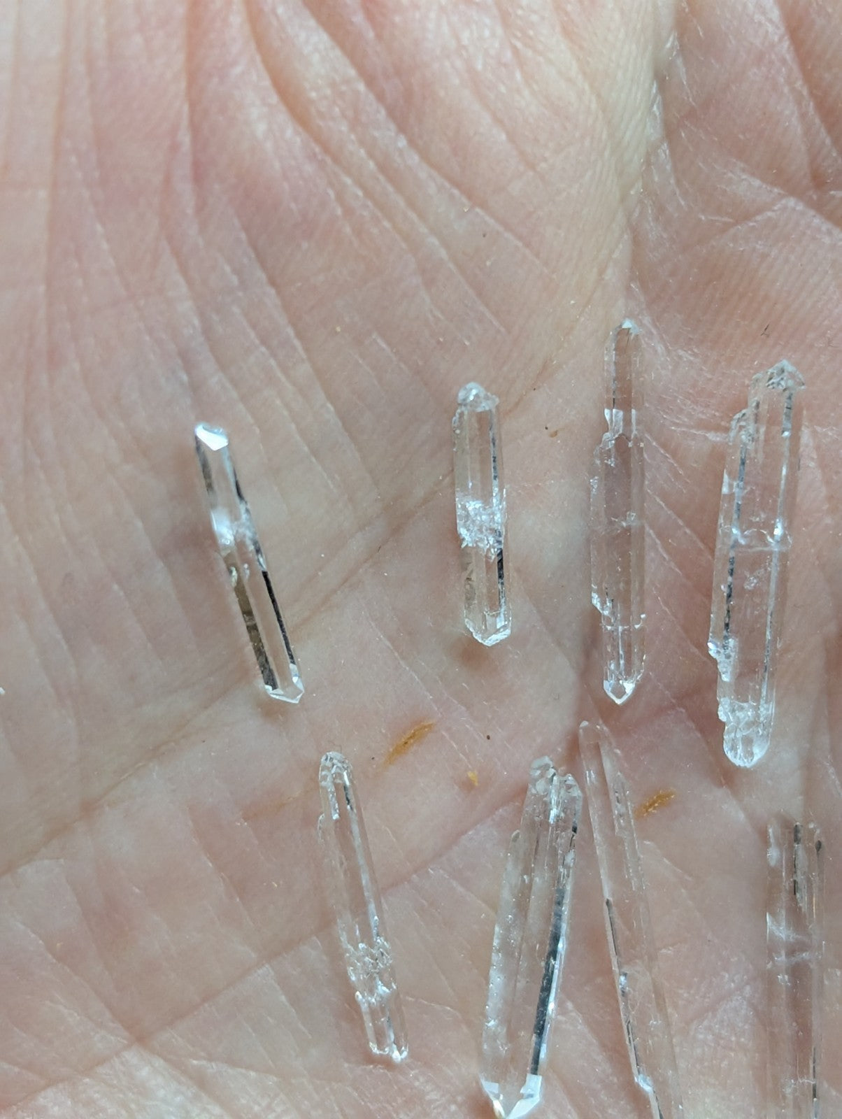 Clear quartz crystals with pointed tips and faceted surfaces, resting in the palm of a hand.