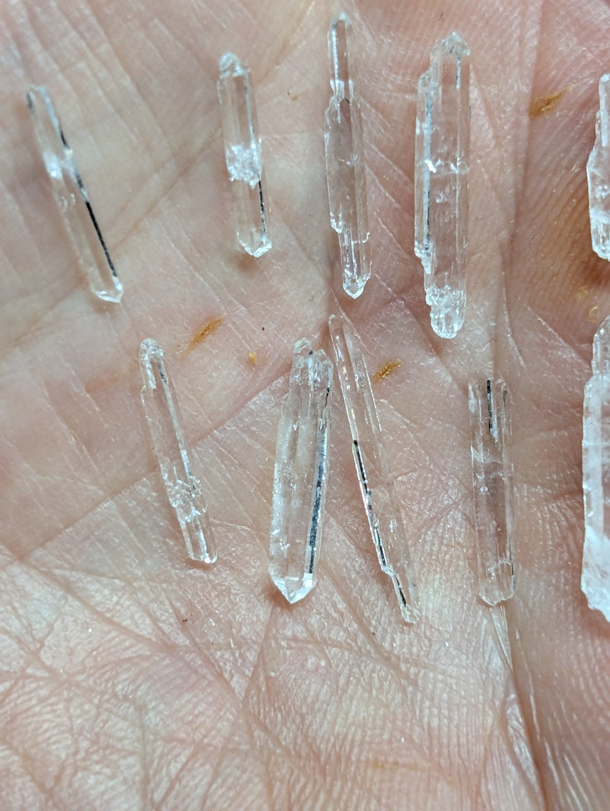 Clear quartz crystals with pointed tips and natural facets, resting in the palm of a hand.