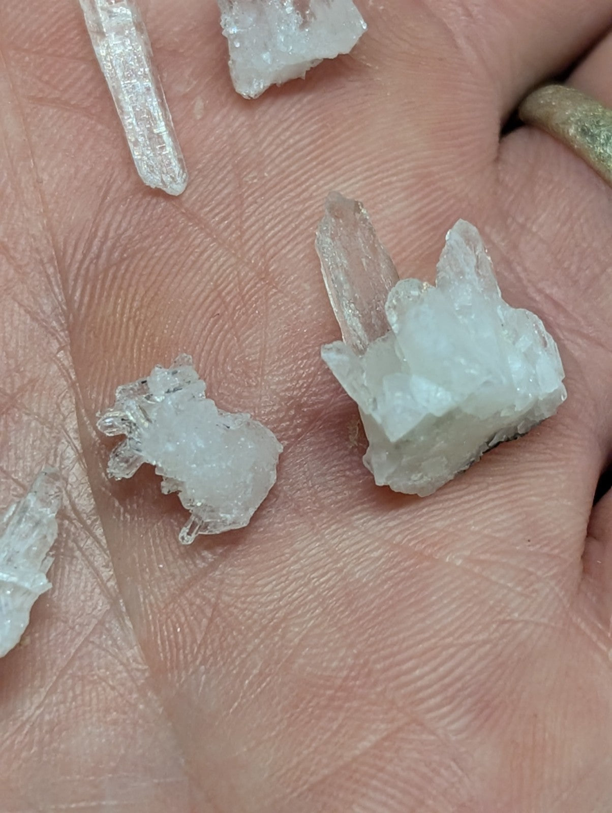 Clear quartz crystal clusters resting in an open palm.