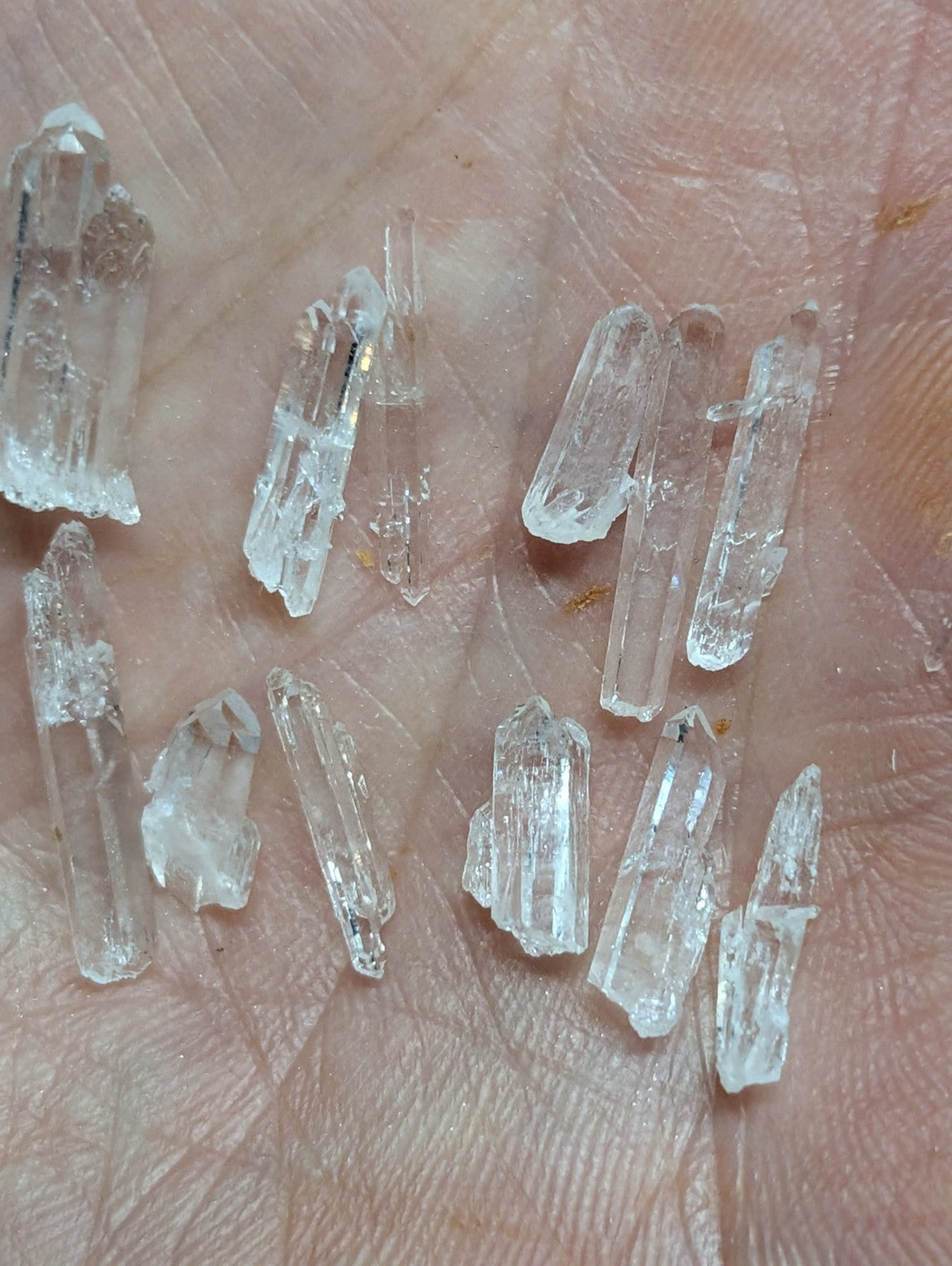 Clear quartz crystals of varying sizes and shapes, some with pointed tips and others more jagged or broken.