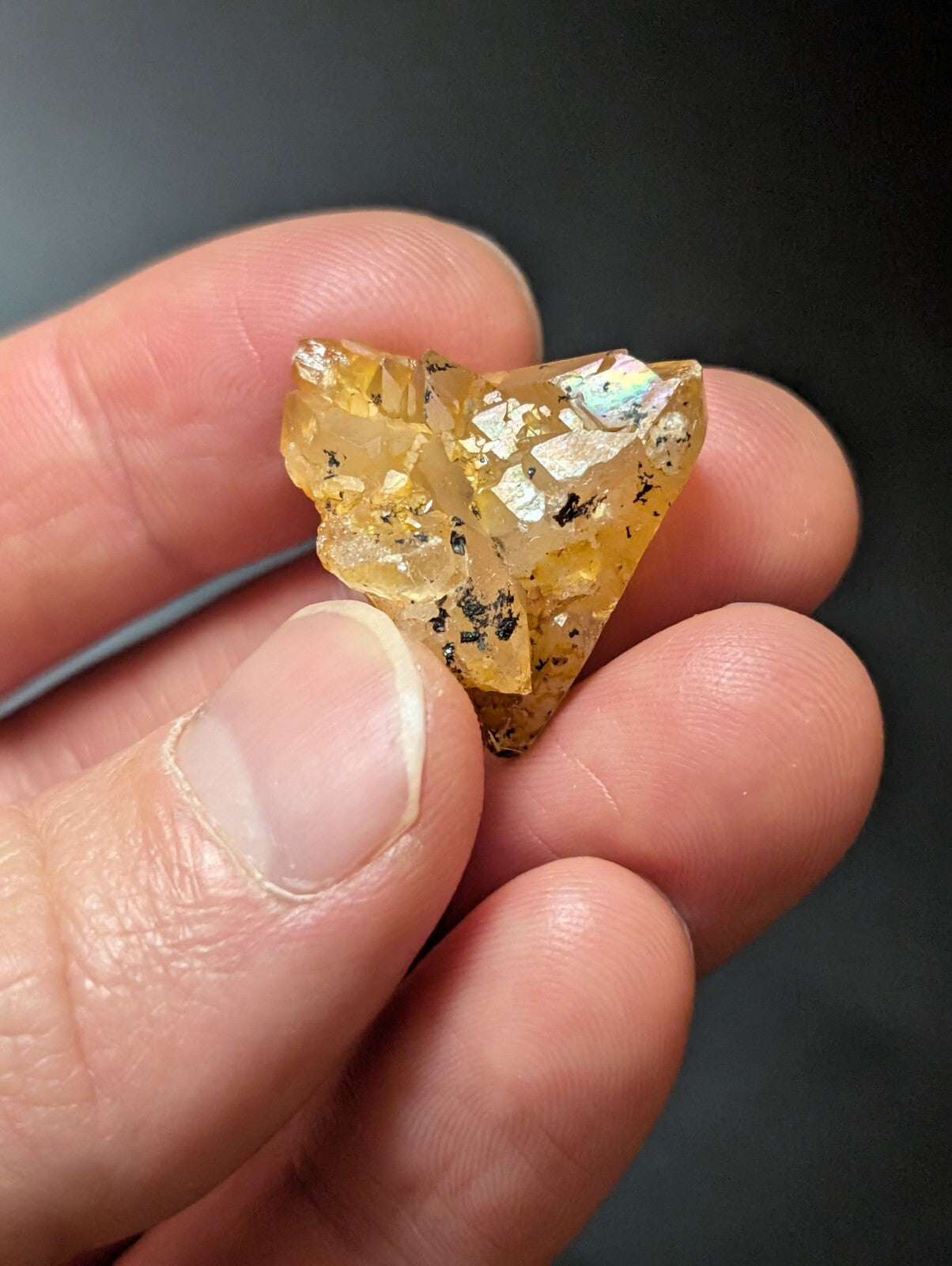 A translucent amber-colored mineral specimen with iridescent patches and dark inclusions, held gently between fingers.