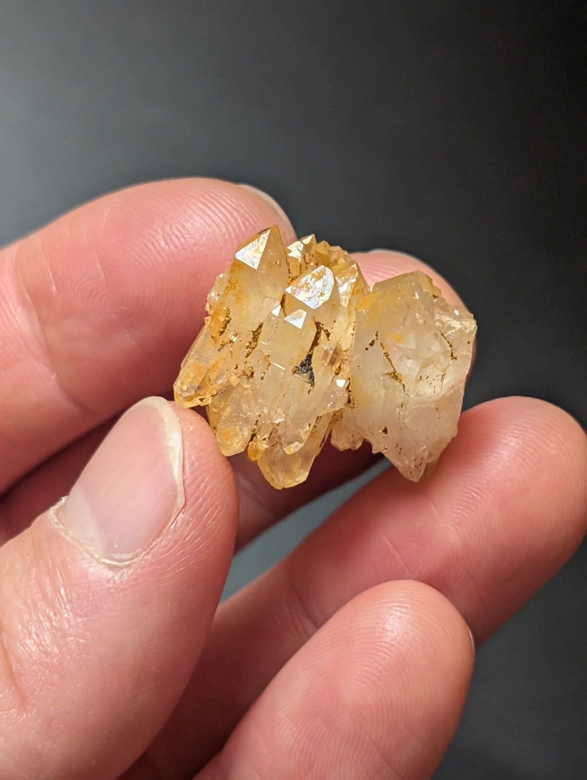 A cluster of translucent yellow quartz crystals with sharp, faceted edges and a slightly cloudy interior.