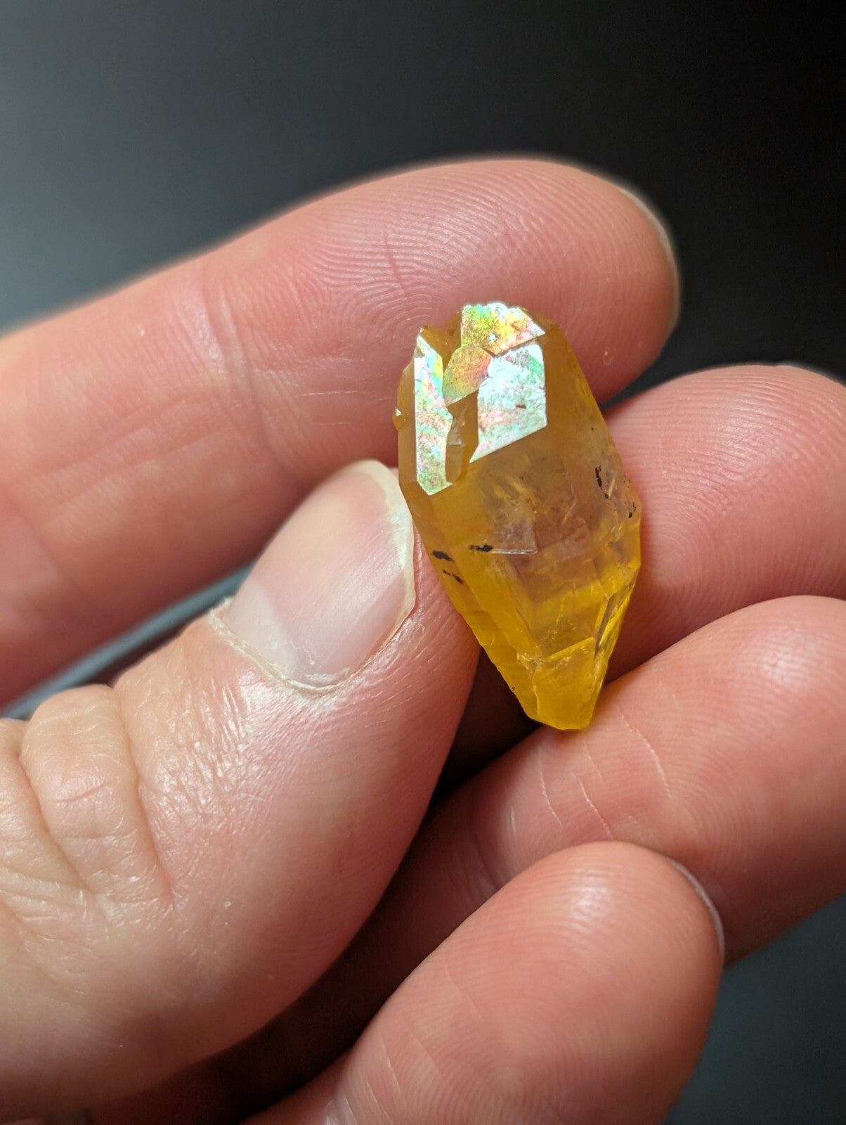 A translucent golden-yellow crystal with iridescent, multicolored facets held gently in a hand.