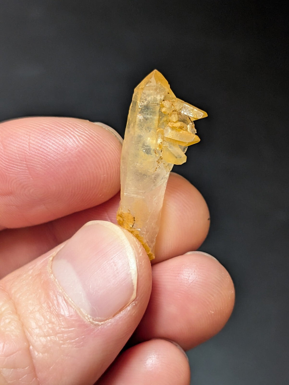 A translucent yellowish quartz crystal with a pointed tip and branching facets, held delicately between fingers.